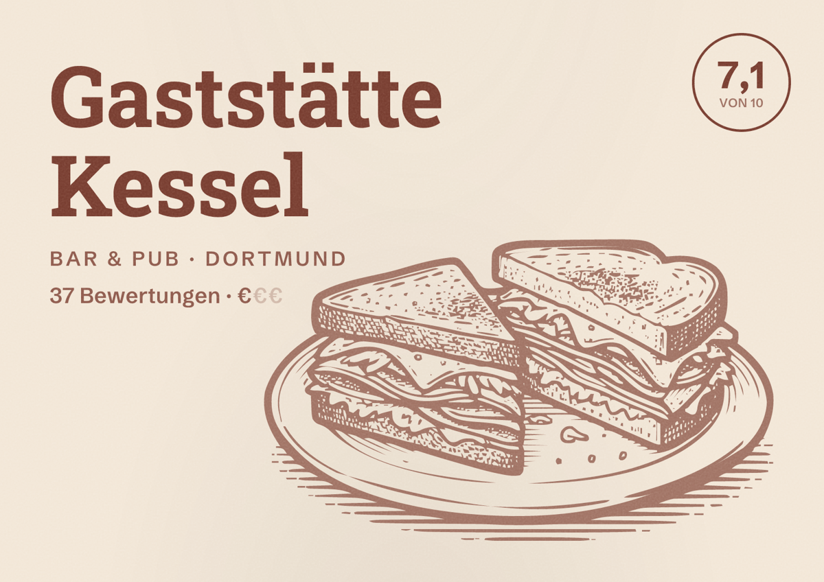 Illustriertes Poster von Gaststätte Kessel, Bar & Pub in Dortmund: Bewertung 7,1 von 10 aus 37 Bewertungen, Preisniveau €