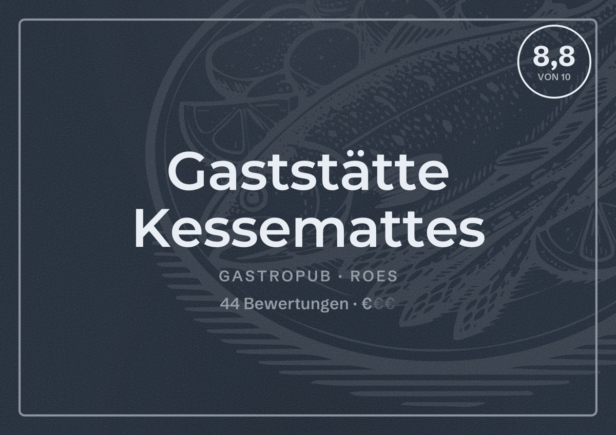 Illustriertes Poster von Gaststätte Kessemattes, Gastropub in Roes: Bewertung 8,8 von 10 aus 44 Bewertungen, Preisniveau €