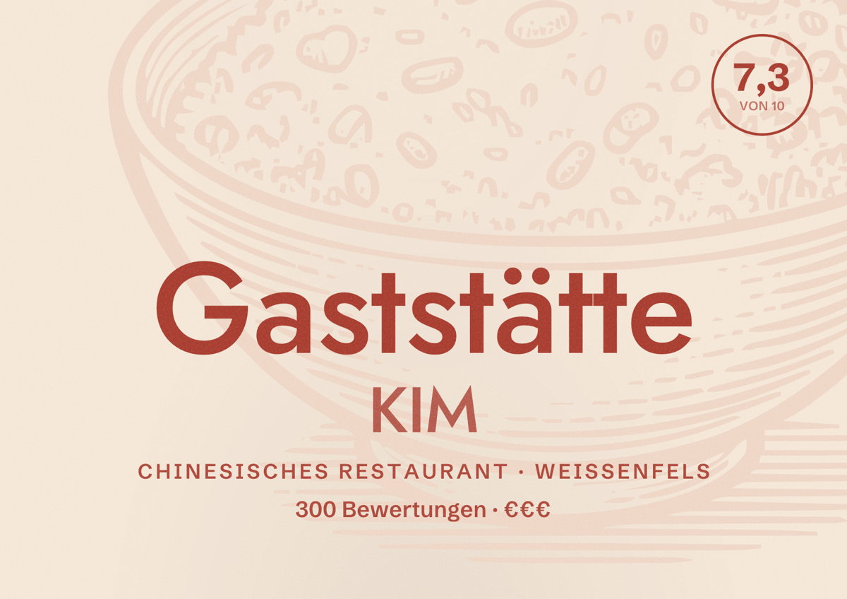 Illustriertes Poster von Gaststätte KIM, Chinesisches Restaurant in Weißenfels: Bewertung 7,3 von 10 aus 300 Bewertungen, Preisniveau €€€