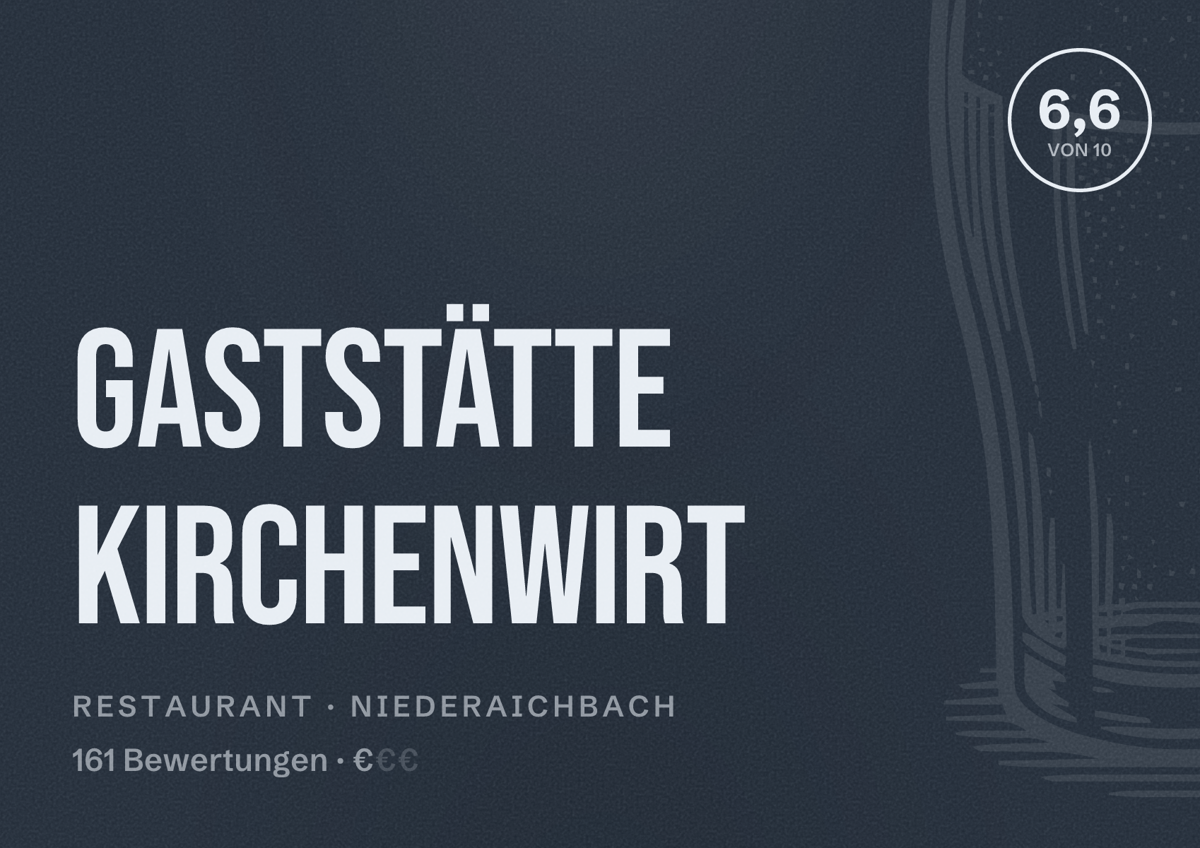 Illustriertes Poster von Gaststätte Kirchenwirt, Restaurant in Niederaichbach: Bewertung 6,6 von 10 aus 161 Bewertungen, Preisniveau €