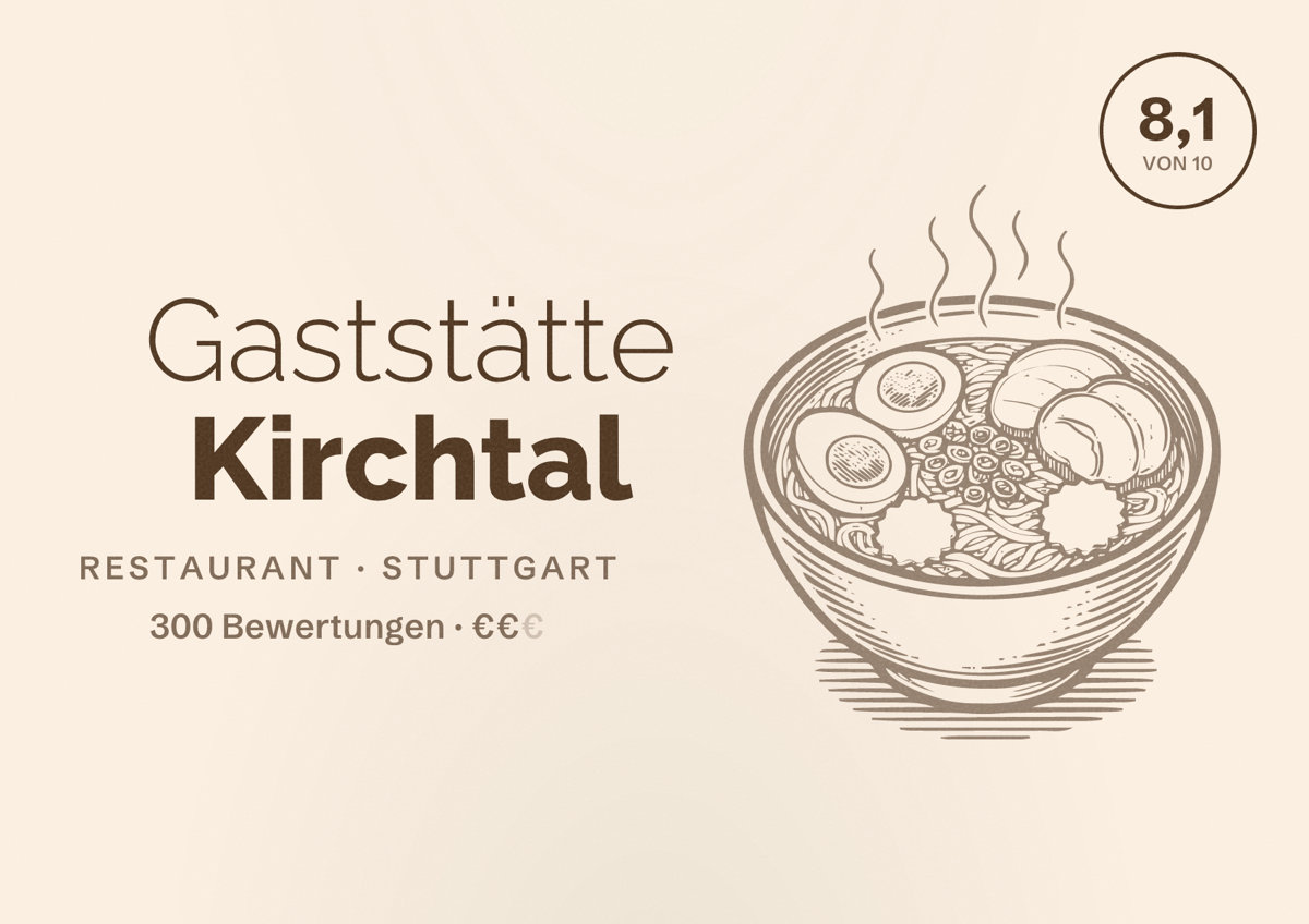 Illustriertes Poster von Gaststätte Kirchtal, Restaurant in Stuttgart: Bewertung 8,1 von 10 aus 300 Bewertungen, Preisniveau €€
