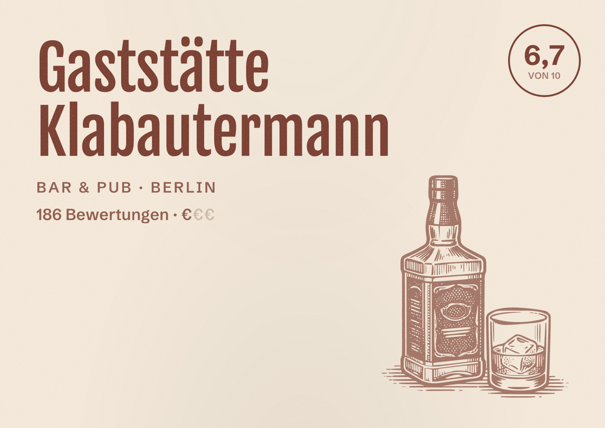 Illustriertes Poster von Gaststätte Klabautermann, Bar & Pub in Berlin: Bewertung 6,7 von 10 aus 186 Bewertungen, Preisniveau €