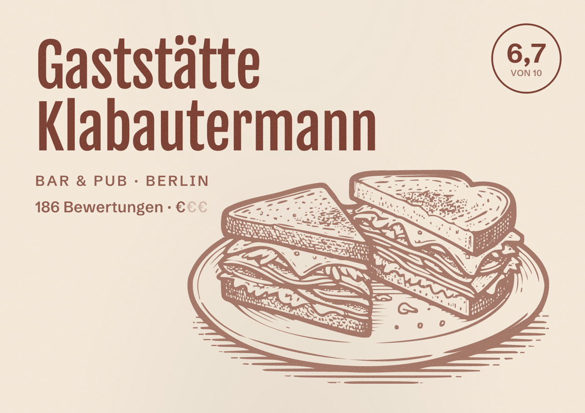 Illustriertes Poster von Gaststätte Klabautermann, Bar & Pub in Berlin: Bewertung 6,7 von 10 aus 186 Bewertungen, Preisniveau €