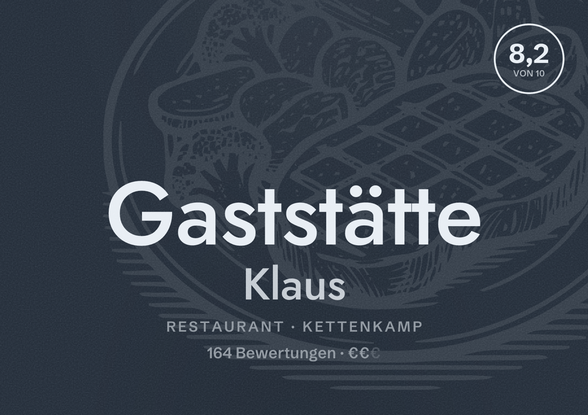 Illustriertes Poster von Gaststätte Klaus, Restaurant in Kettenkamp: Bewertung 8,2 von 10 aus 164 Bewertungen, Preisniveau €€