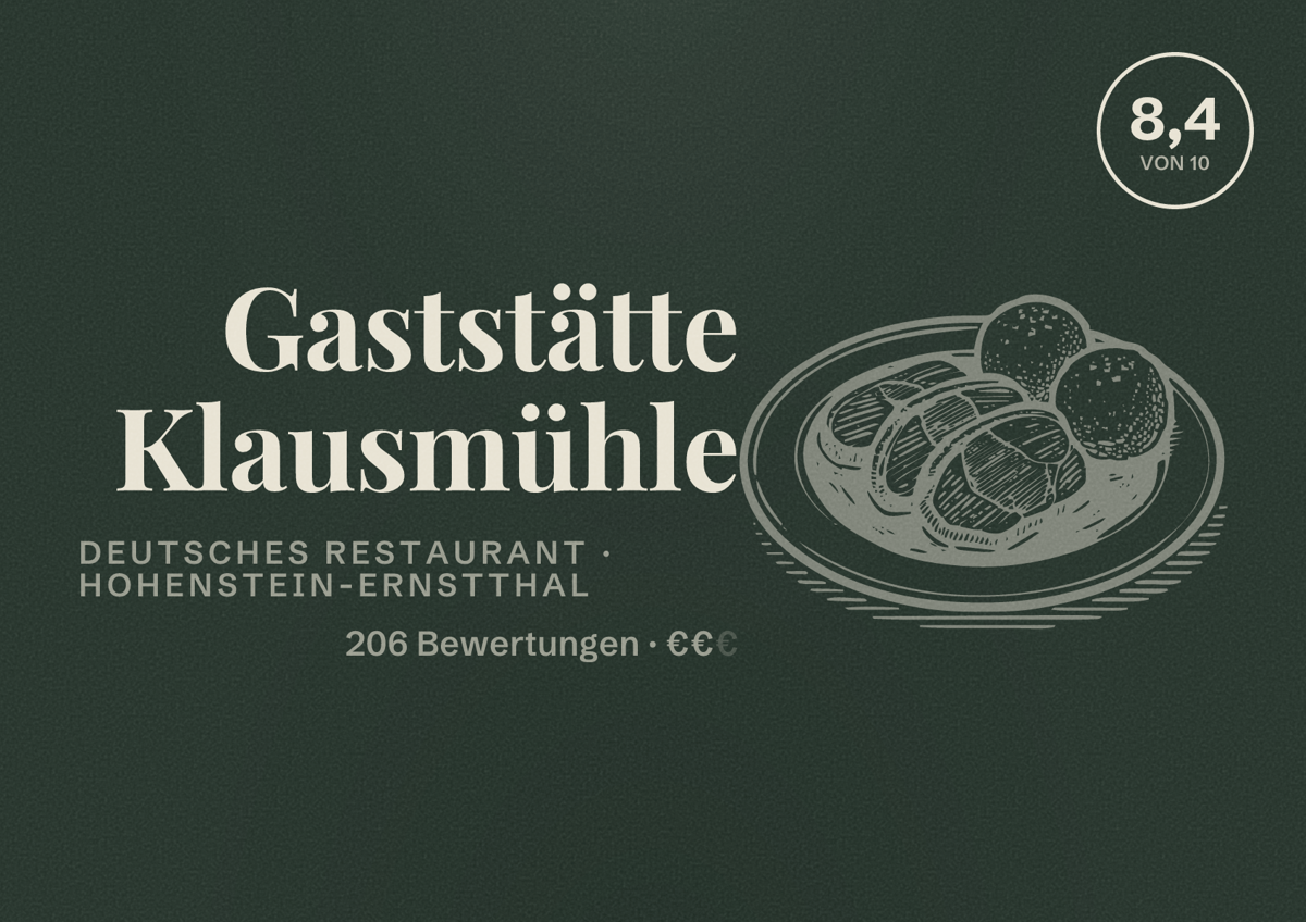 Illustriertes Poster von Gaststätte Klausmühle, Deutsches Restaurant in Hohenstein-Ernstthal: Bewertung 8,4 von 10 aus 206 Bewertungen, Preisniveau €€