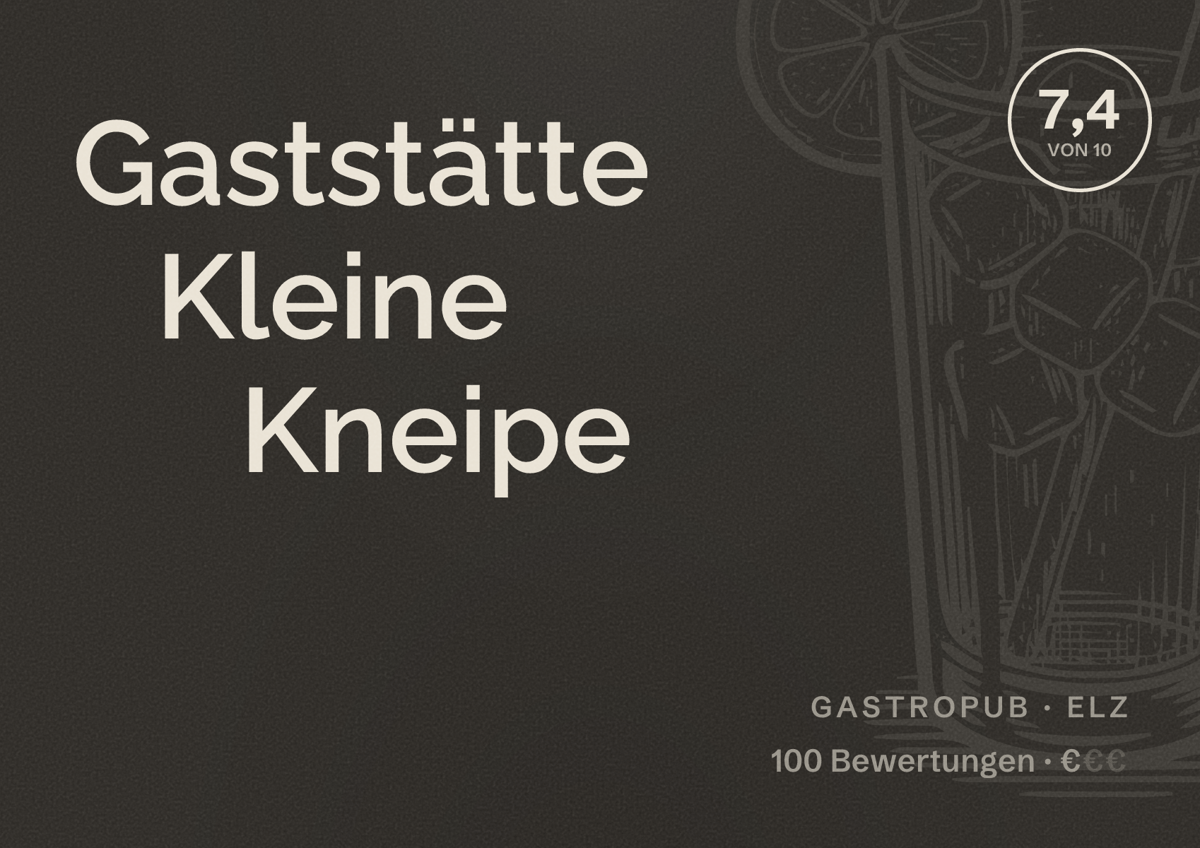 Illustriertes Poster von Gaststätte Kleine Kneipe, Gastropub in Elz: Bewertung 7,4 von 10 aus 100 Bewertungen, Preisniveau €