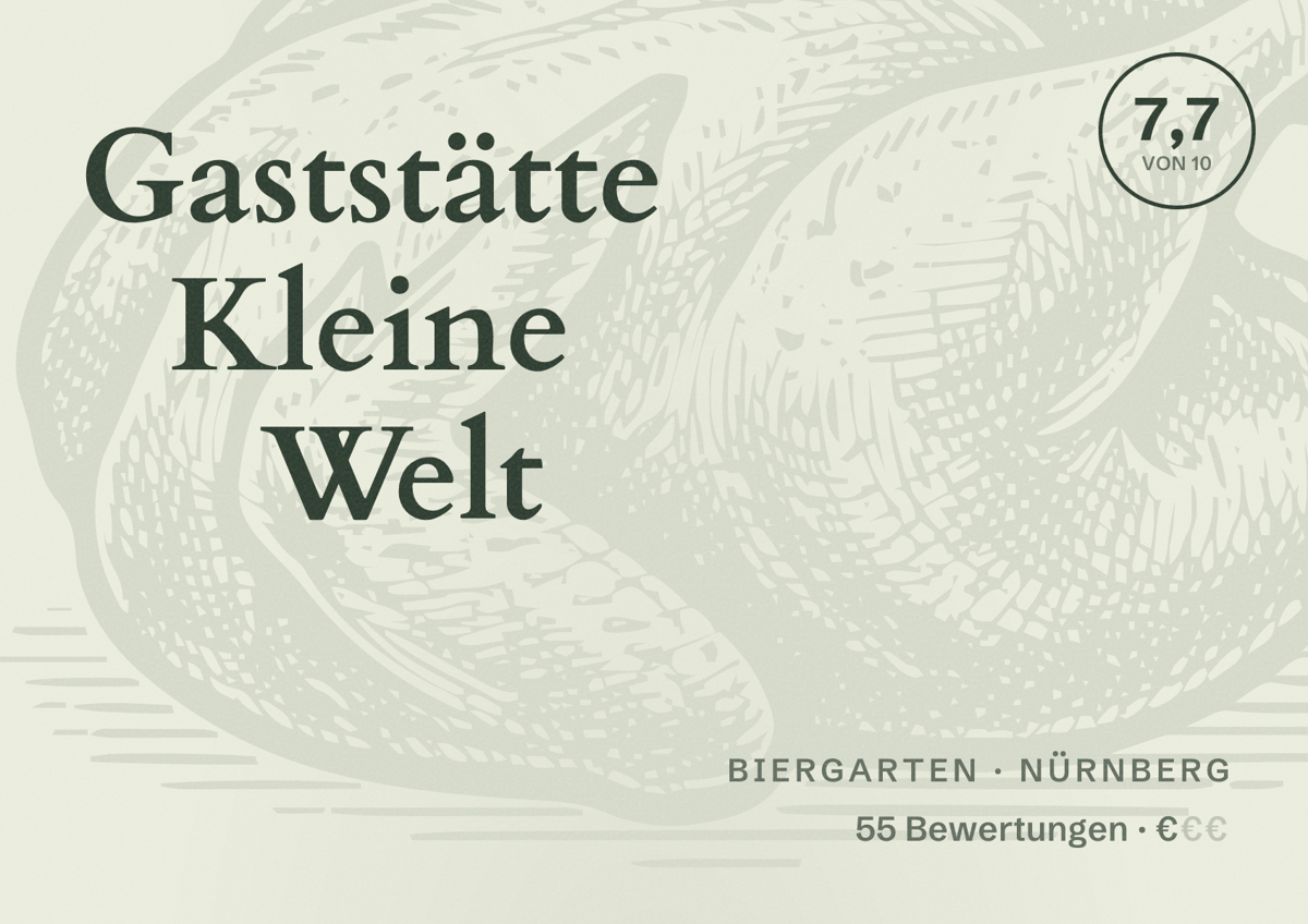 Illustriertes Poster von Gaststätte Kleine Welt, Biergarten in Nürnberg: Bewertung 7,7 von 10 aus 55 Bewertungen, Preisniveau €