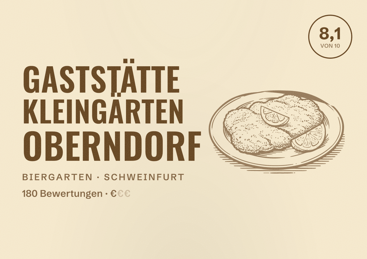 Illustriertes Poster von Gaststätte Kleingärten Oberndorf, Biergarten in Schweinfurt: Bewertung 8,1 von 10 aus 180 Bewertungen, Preisniveau €