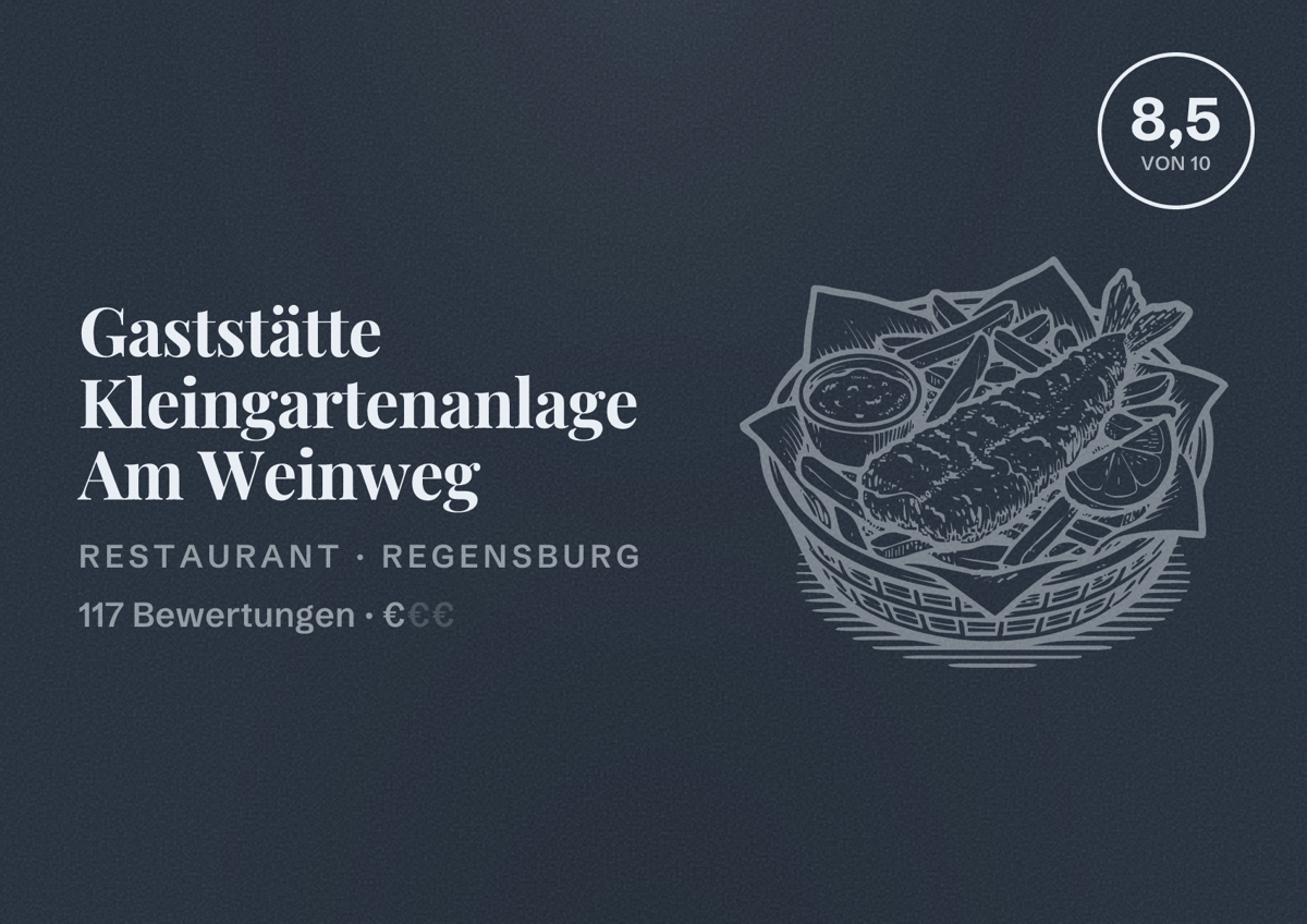 Illustriertes Poster von Gaststätte Kleingartenanlage Am Weinweg, Restaurant in Regensburg: Bewertung 8,5 von 10 aus 117 Bewertungen, Preisniveau €