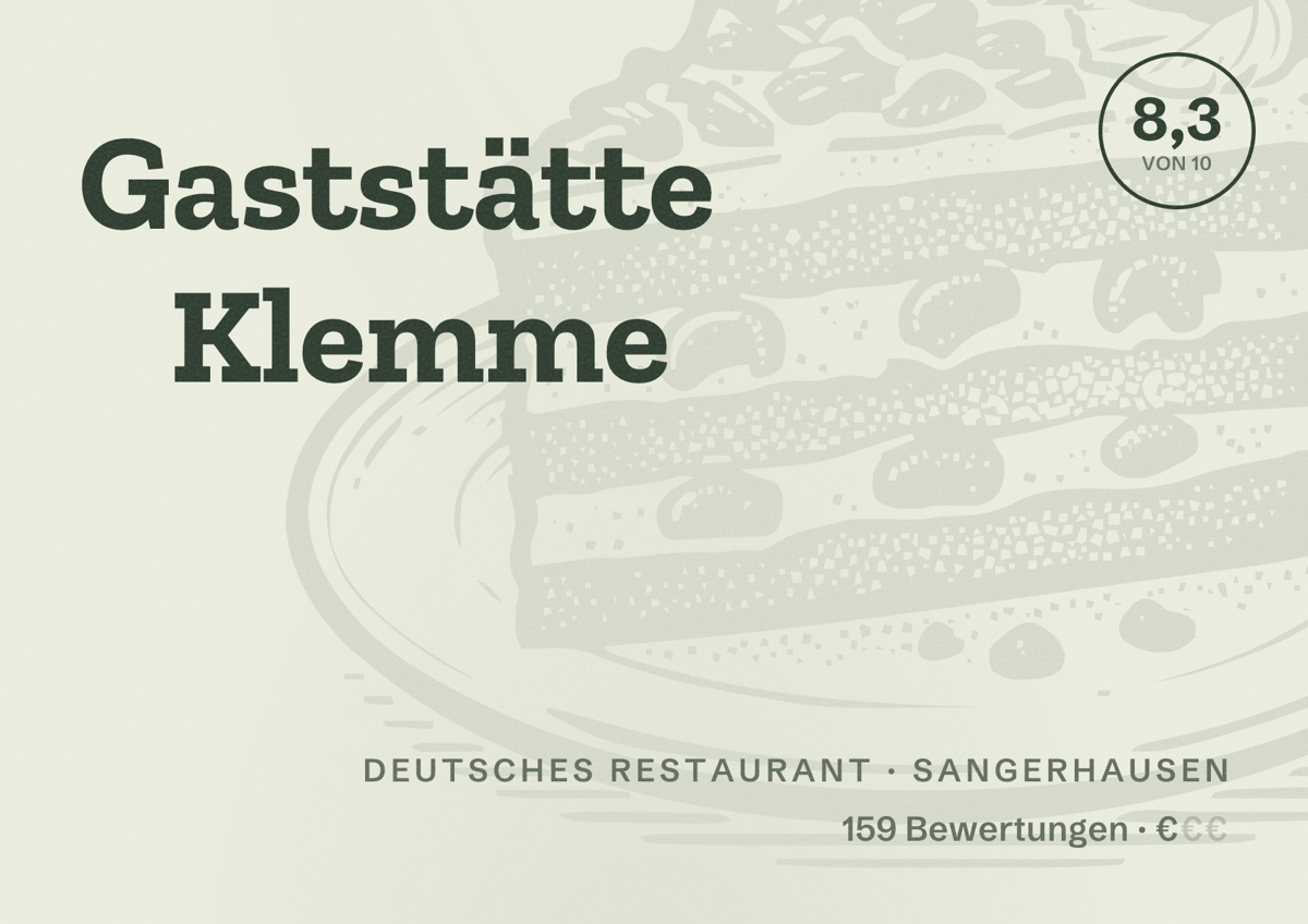 Illustriertes Poster von Gaststätte Klemme, Deutsches Restaurant in Sangerhausen: Bewertung 8,3 von 10 aus 159 Bewertungen, Preisniveau €
