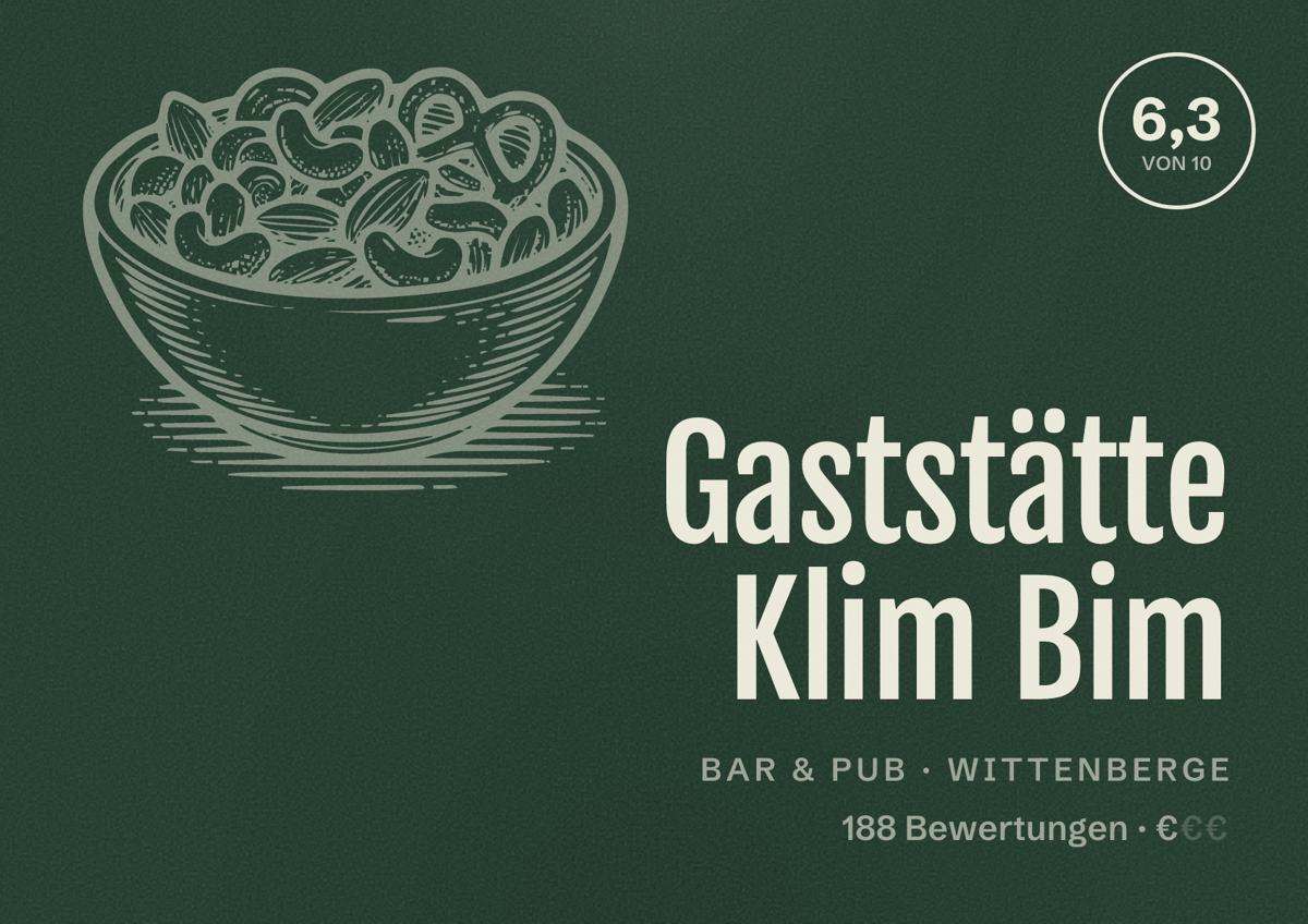 Illustriertes Poster von Gaststätte Klim Bim, Bar & Pub in Wittenberge: Bewertung 6,3 von 10 aus 188 Bewertungen, Preisniveau €