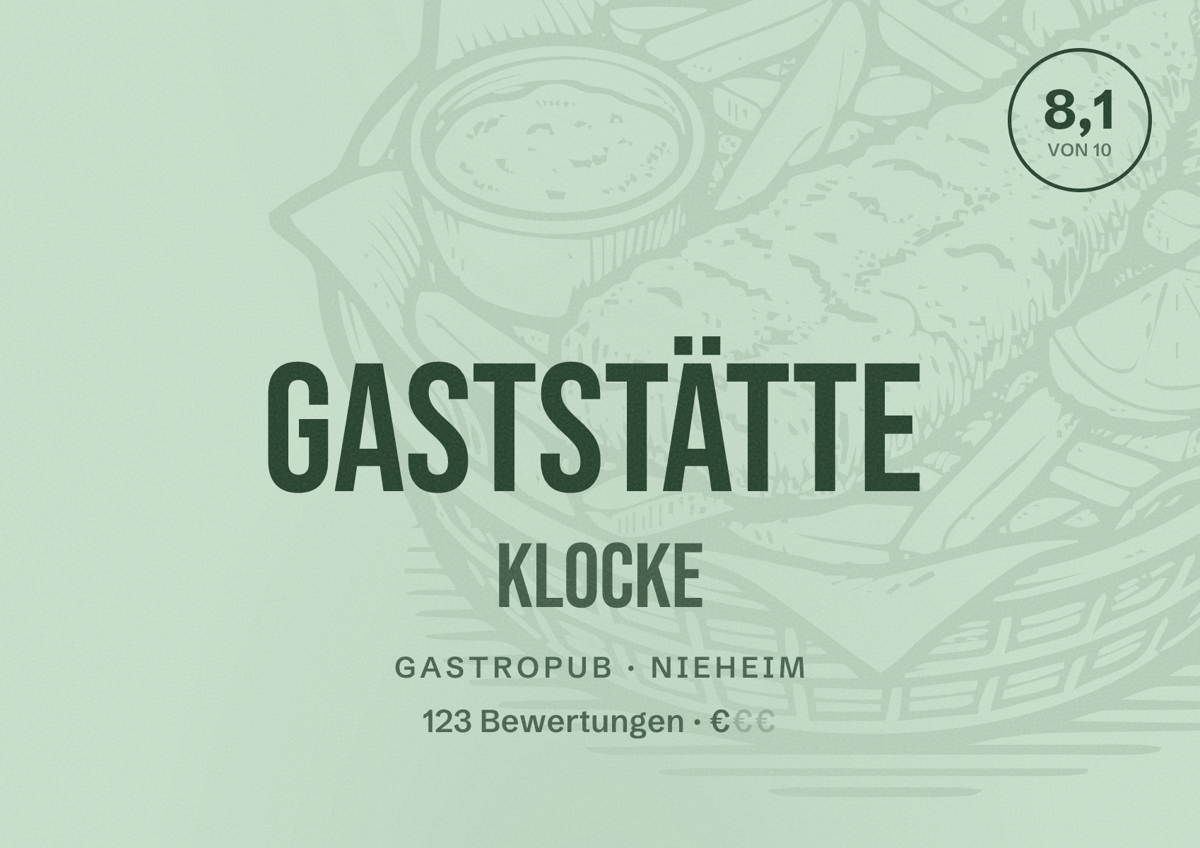 Illustriertes Poster von Gaststätte Klocke, Gastropub in Nieheim: Bewertung 8,1 von 10 aus 123 Bewertungen, Preisniveau €