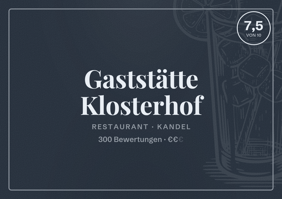Illustriertes Poster von Gaststätte Klosterhof, Restaurant in Kandel: Bewertung 7,5 von 10 aus 300 Bewertungen, Preisniveau €€
