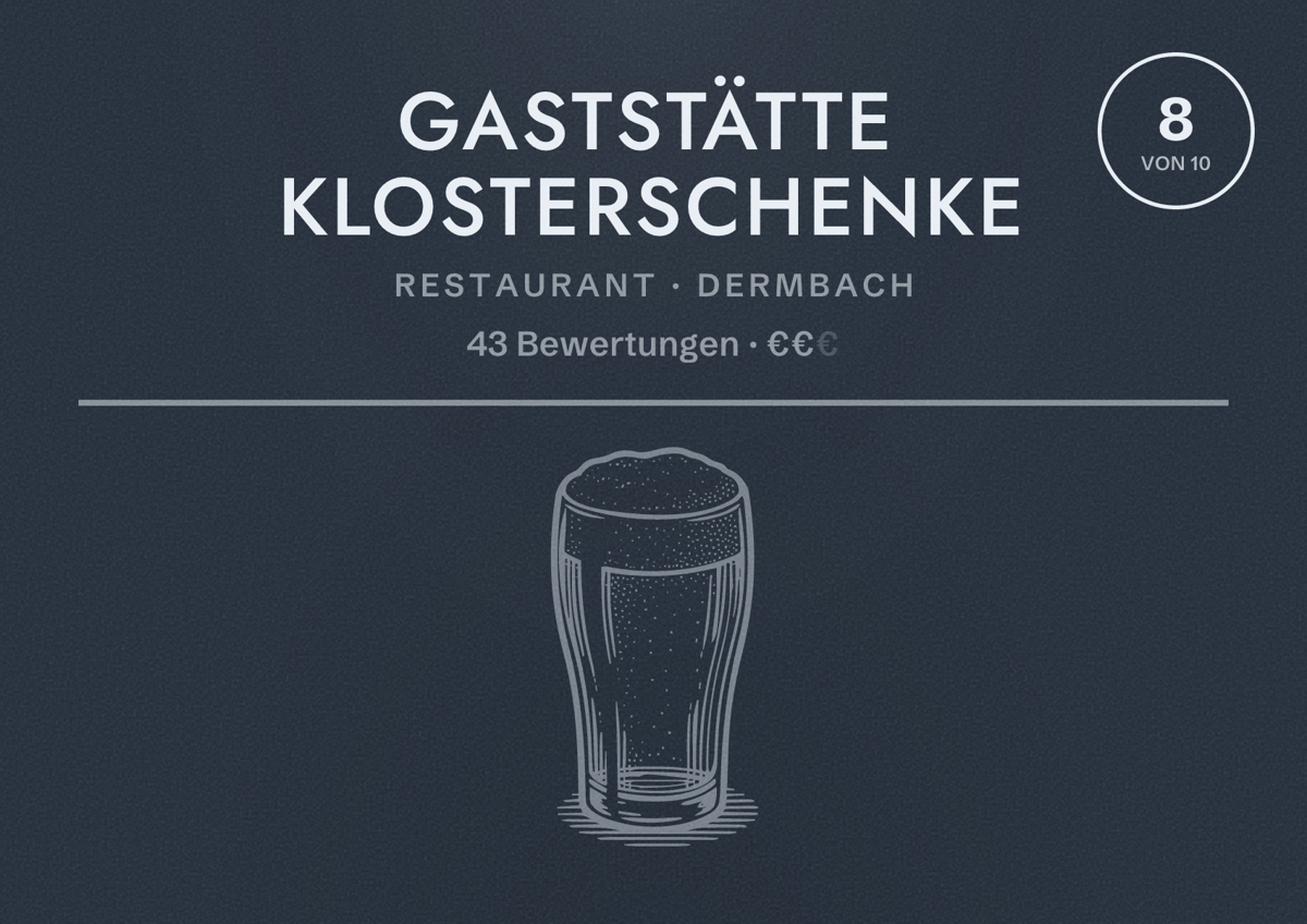 Illustriertes Poster von Gaststätte Klosterschenke, Restaurant in Dermbach: Bewertung 8 von 10 aus 43 Bewertungen, Preisniveau €€