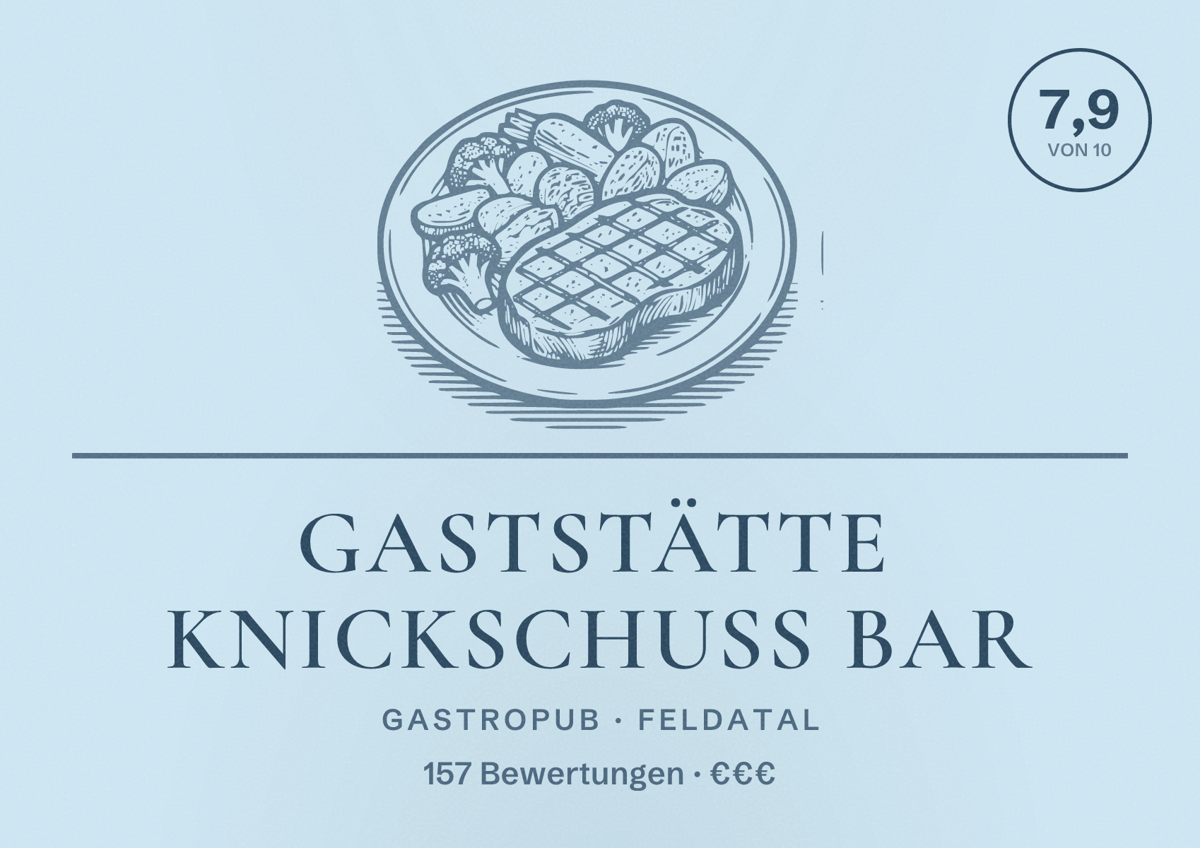 Illustriertes Poster von Gaststätte Knickschuss Bar, Gastropub in Feldatal: Bewertung 7,9 von 10 aus 157 Bewertungen, Preisniveau €€€