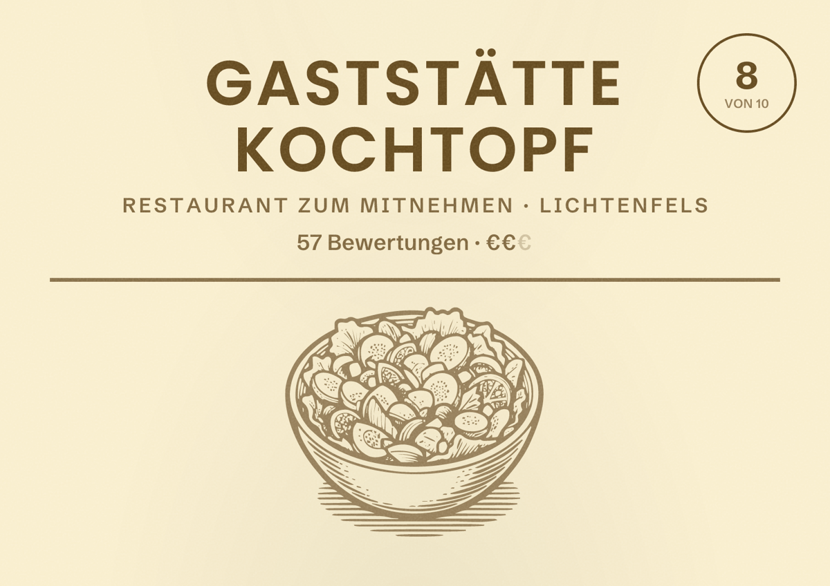Illustriertes Poster von Gaststätte Kochtopf, Restaurant zum Mitnehmen in Lichtenfels: Bewertung 8 von 10 aus 57 Bewertungen, Preisniveau €€