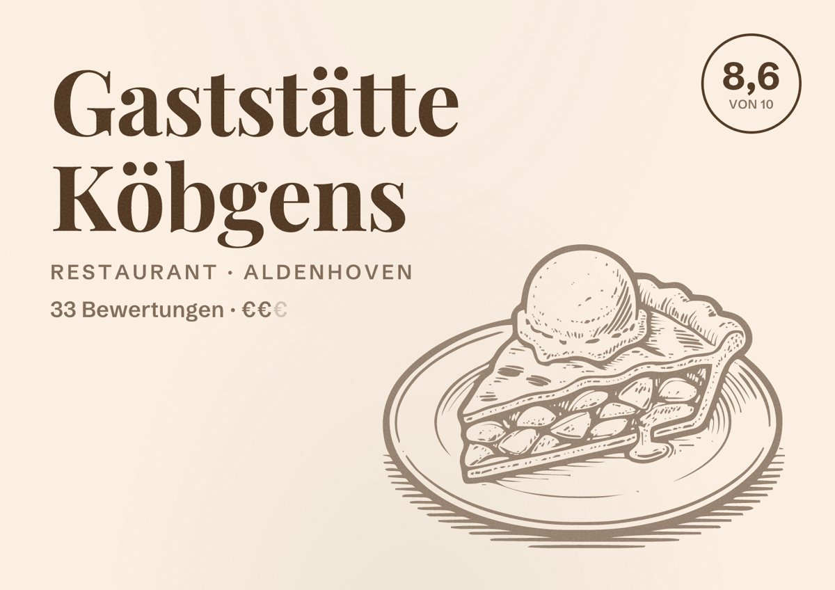 Illustriertes Poster von Gaststätte Köbgens, Restaurant in Aldenhoven: Bewertung 8,6 von 10 aus 33 Bewertungen, Preisniveau €€