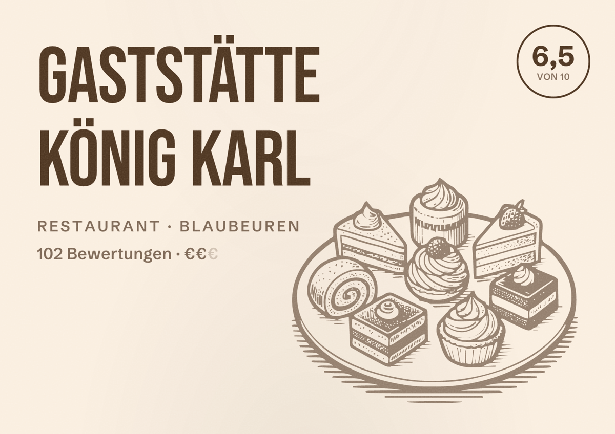 Illustriertes Poster von Gaststätte König Karl, Restaurant in Blaubeuren: Bewertung 6,5 von 10 aus 102 Bewertungen, Preisniveau €€