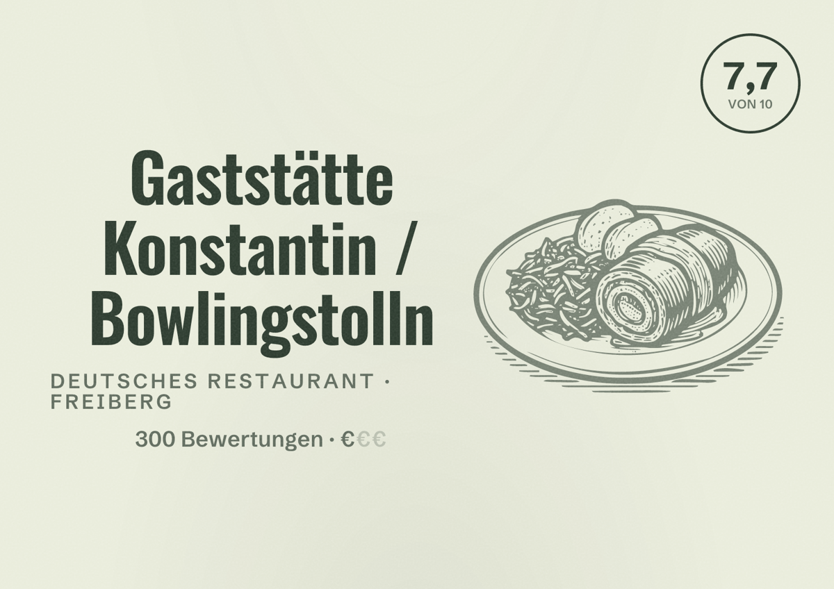 Illustriertes Poster von Gaststätte Konstantin / Bowlingstolln, Deutsches Restaurant in Freiberg: Bewertung 7,7 von 10 aus 300 Bewertungen, Preisniveau €