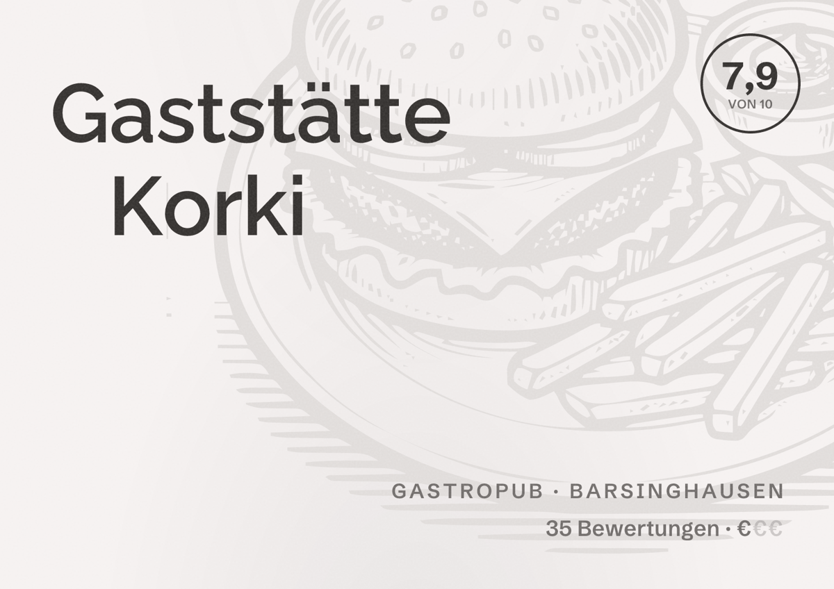 Illustriertes Poster von Gaststätte Korki, Gastropub in Barsinghausen: Bewertung 7,9 von 10 aus 35 Bewertungen, Preisniveau €