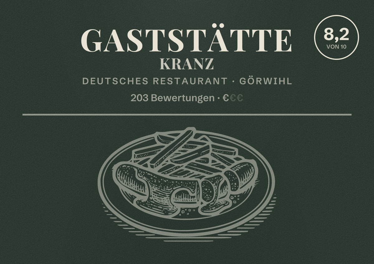 Illustriertes Poster von Gaststätte Kranz, Deutsches Restaurant in Görwihl: Bewertung 8,2 von 10 aus 203 Bewertungen, Preisniveau €