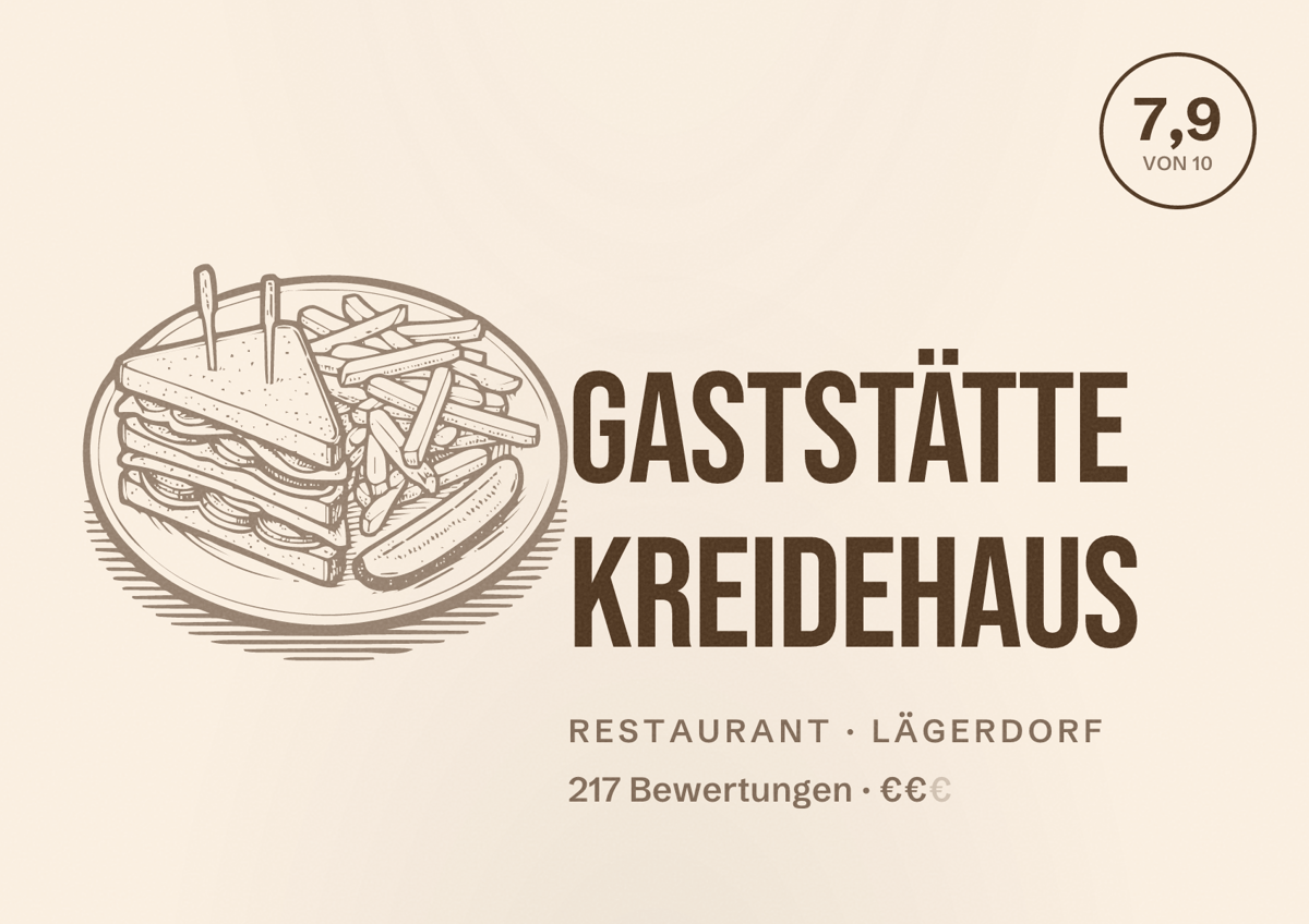 Illustriertes Poster von Gaststätte Kreidehaus, Restaurant in Lägerdorf: Bewertung 7,9 von 10 aus 217 Bewertungen, Preisniveau €€