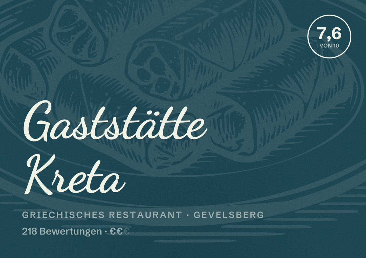 Illustriertes Poster von Gaststätte Kreta, Griechisches Restaurant in Gevelsberg: Bewertung 7,6 von 10 aus 218 Bewertungen, Preisniveau €€