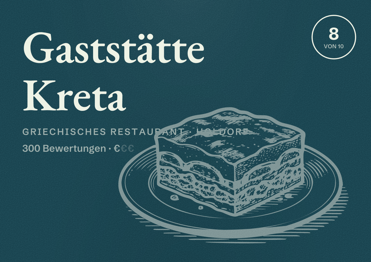 Illustriertes Poster von Gaststätte Kreta, Griechisches Restaurant in Holdorf: Bewertung 8 von 10 aus 300 Bewertungen, Preisniveau €