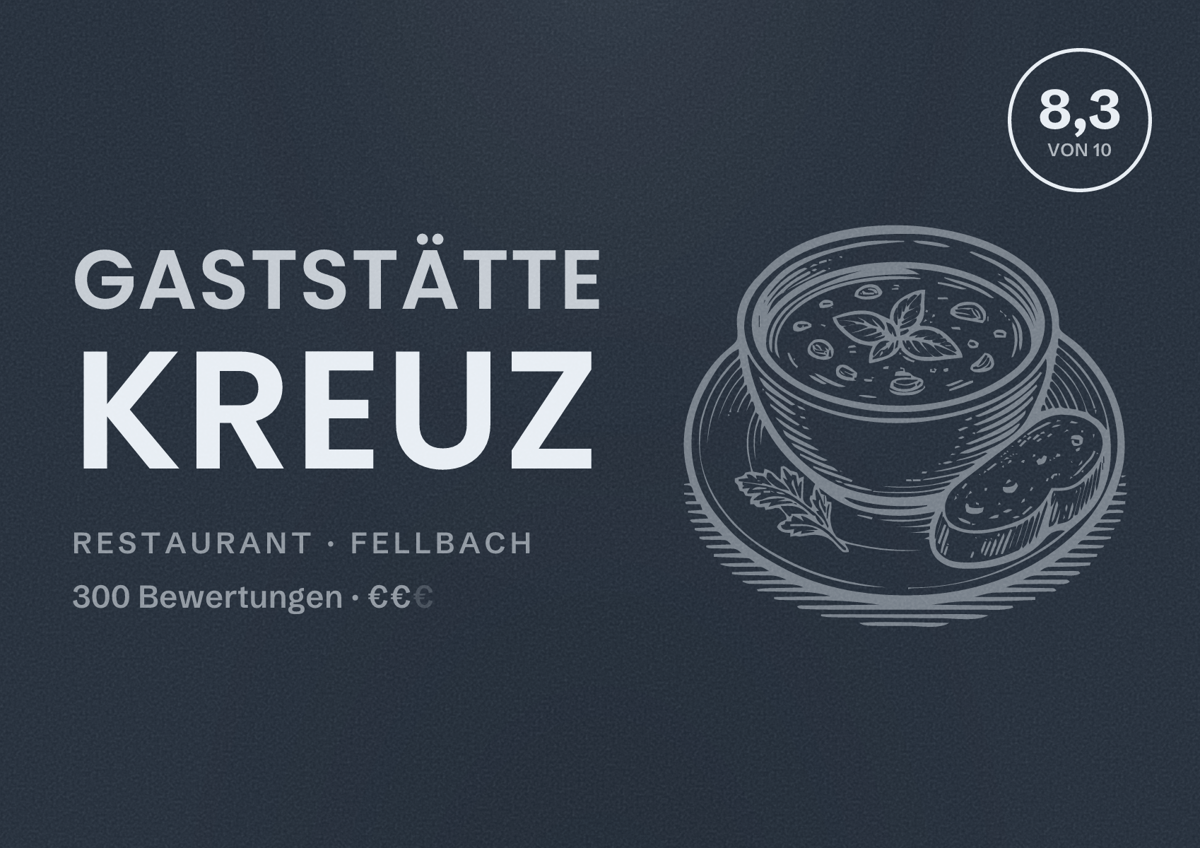 Illustriertes Poster von Gaststätte Kreuz, Restaurant in Fellbach: Bewertung 8,3 von 10 aus 300 Bewertungen, Preisniveau €€