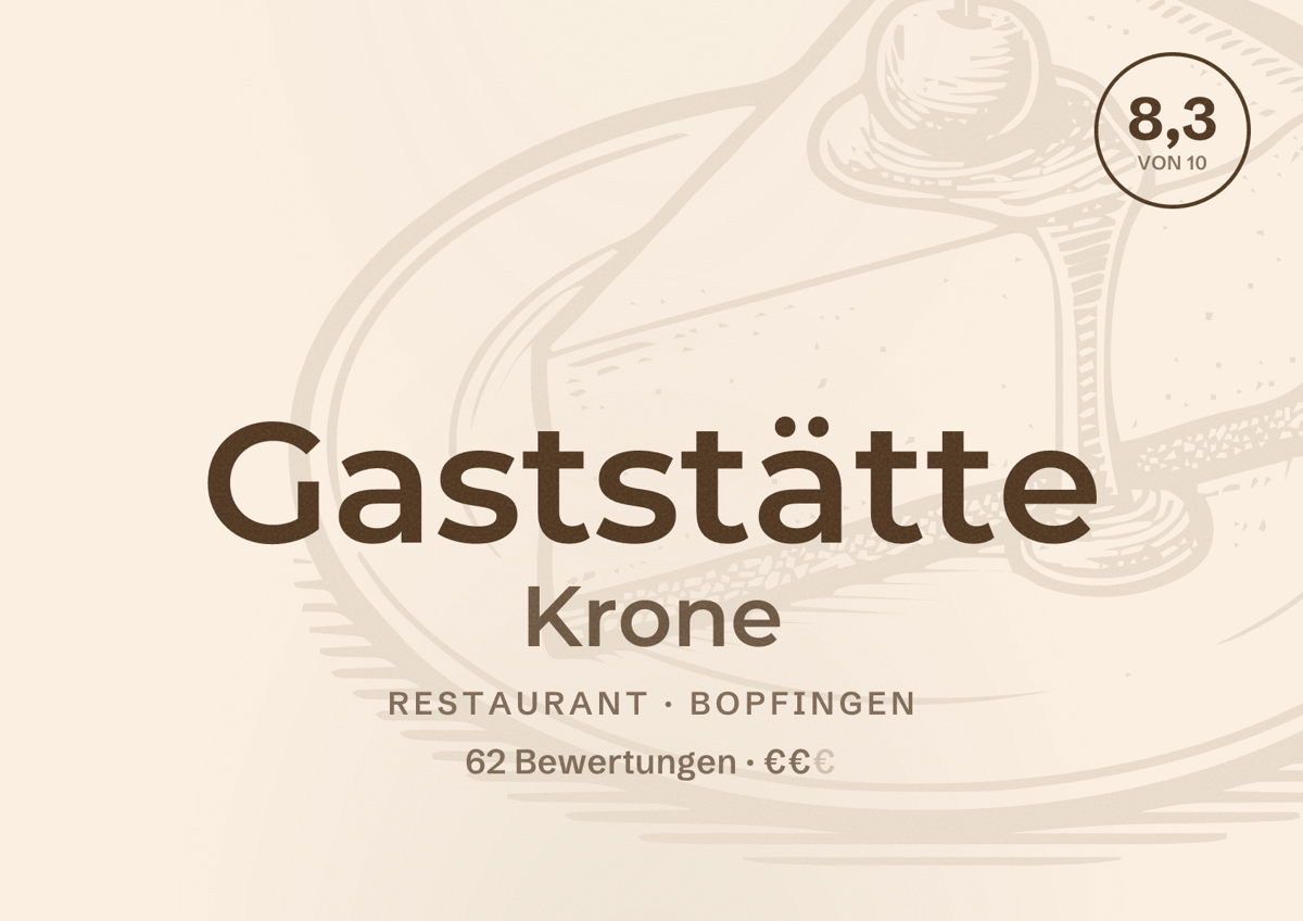 Illustriertes Poster von Gaststätte Krone, Restaurant in Bopfingen: Bewertung 8,3 von 10 aus 62 Bewertungen, Preisniveau €€