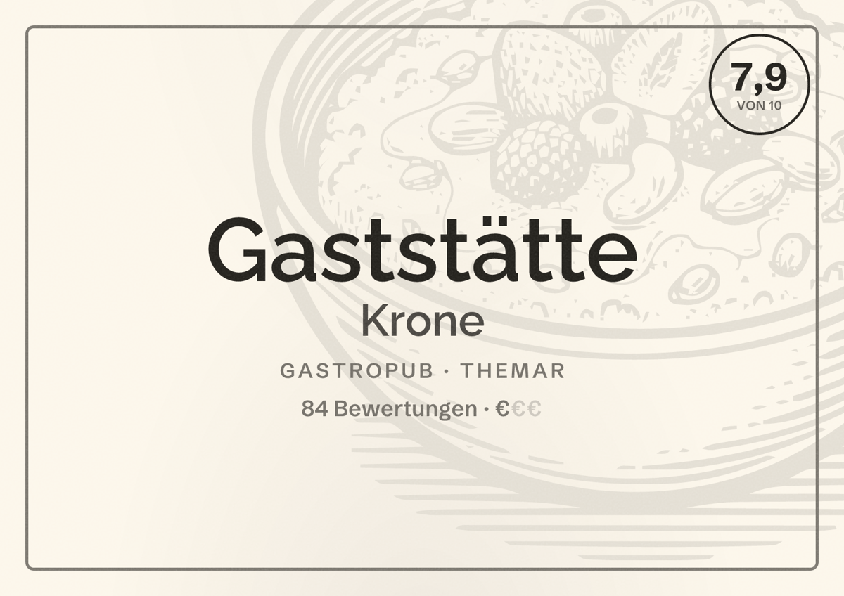 Illustriertes Poster von Gaststätte Krone, Gastropub in Themar: Bewertung 7,9 von 10 aus 84 Bewertungen, Preisniveau €