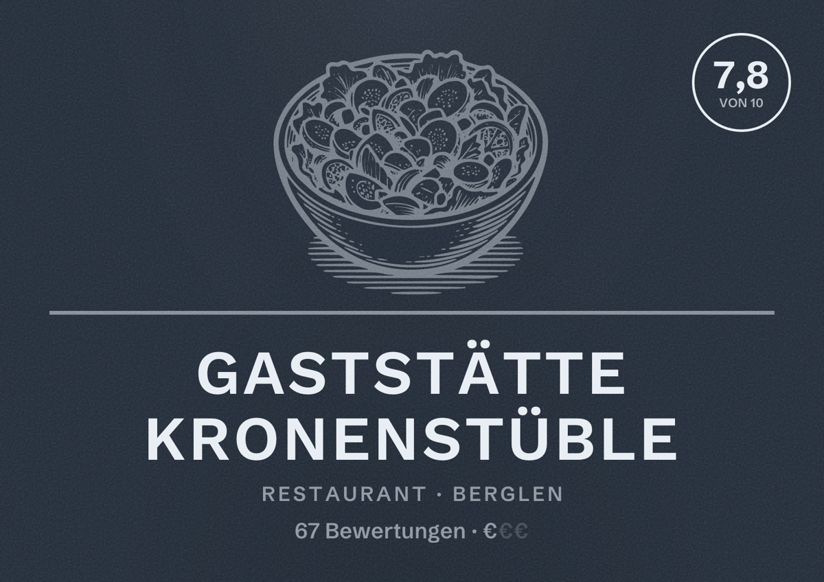 Illustriertes Poster von Gaststätte Kronenstüble, Restaurant in Berglen: Bewertung 7,8 von 10 aus 67 Bewertungen, Preisniveau €