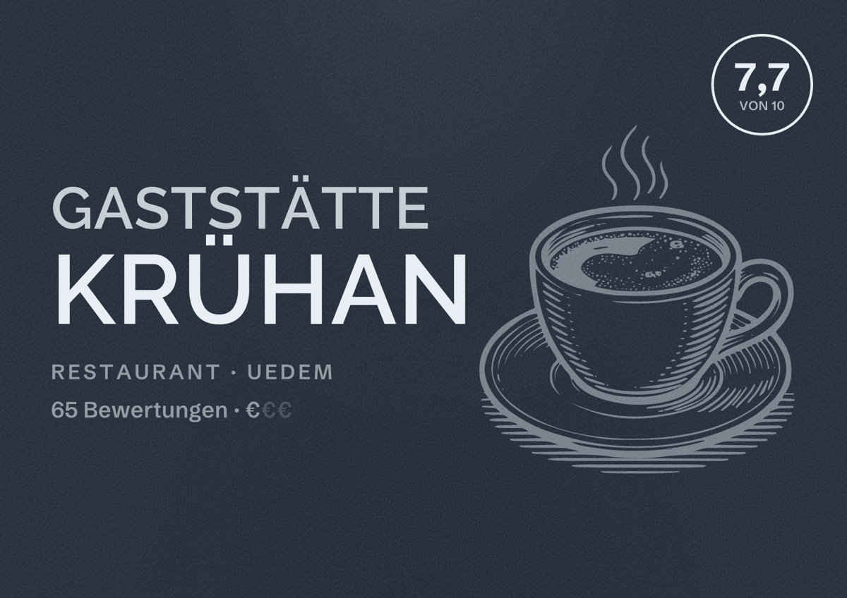 Illustriertes Poster von Gaststätte Krühan, Restaurant in Uedem: Bewertung 7,7 von 10 aus 65 Bewertungen, Preisniveau €