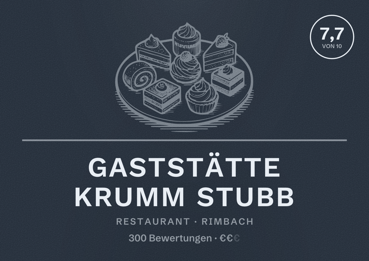 Illustriertes Poster von Gaststätte Krumm Stubb, Restaurant in Rimbach: Bewertung 7,7 von 10 aus 300 Bewertungen, Preisniveau €€