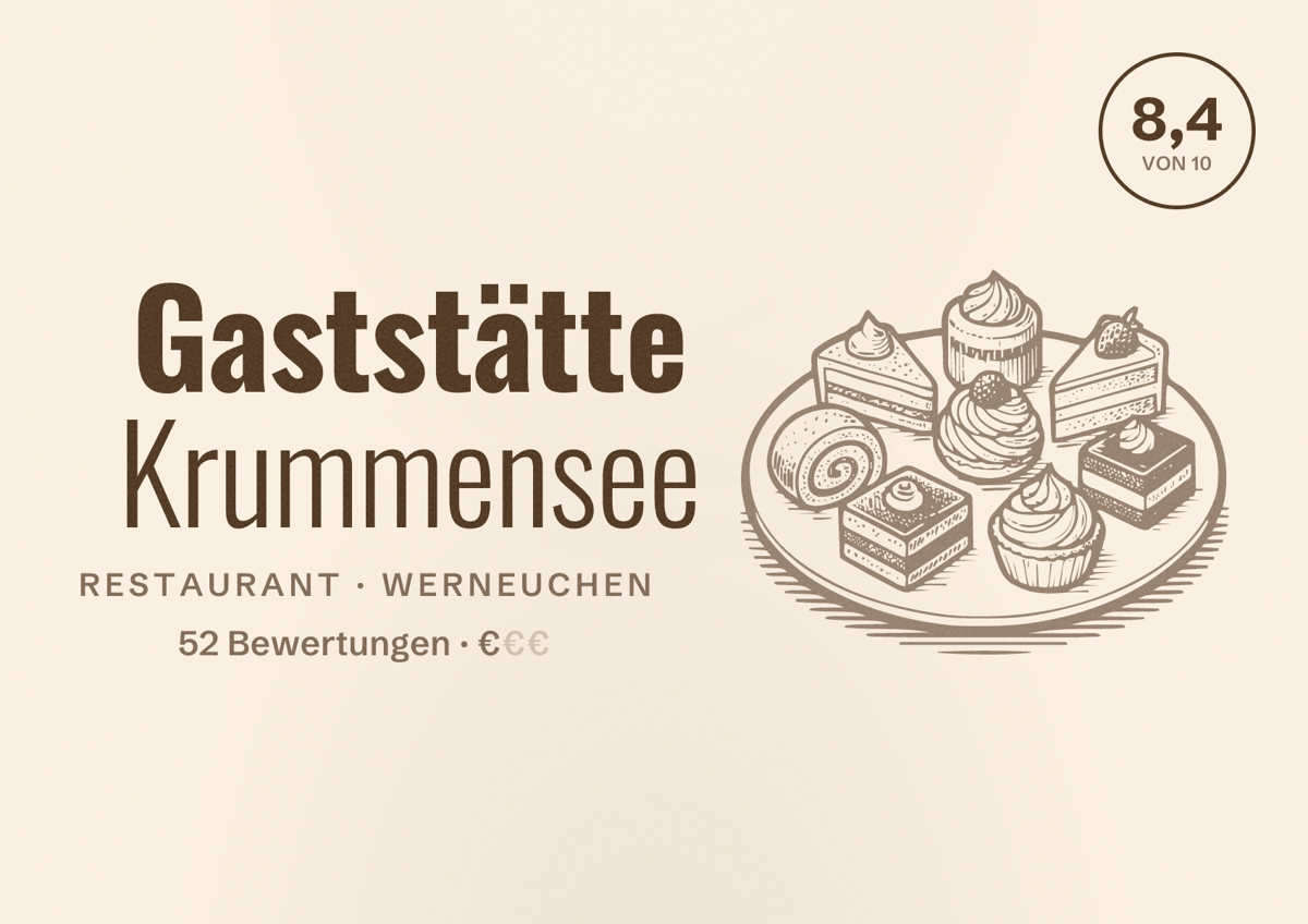 Illustriertes Poster von Gaststätte Krummensee, Restaurant in Werneuchen: Bewertung 8,4 von 10 aus 52 Bewertungen, Preisniveau €
