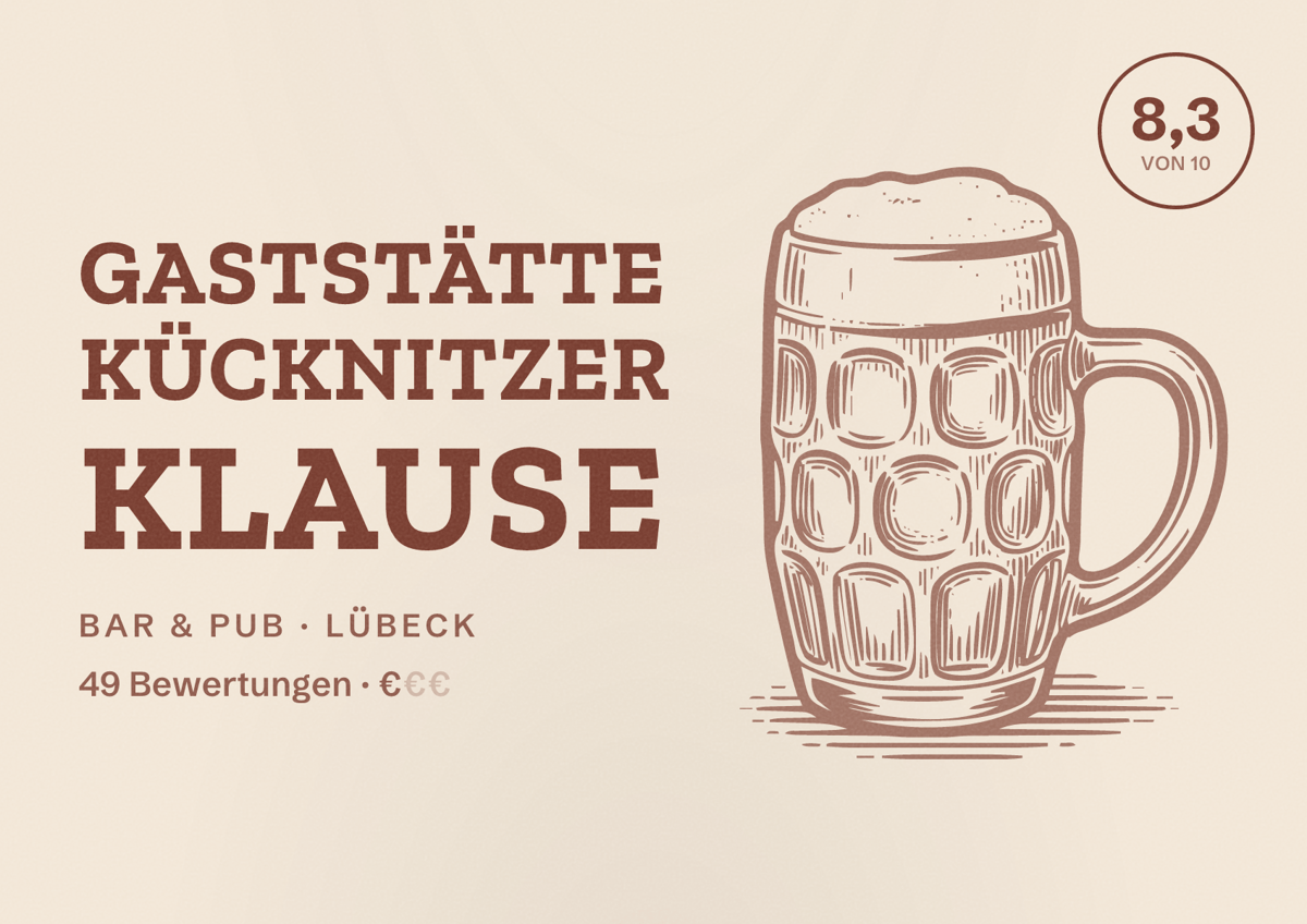Illustriertes Poster von Gaststätte Kücknitzer Klause, Bar & Pub in Lübeck: Bewertung 8,3 von 10 aus 49 Bewertungen, Preisniveau €