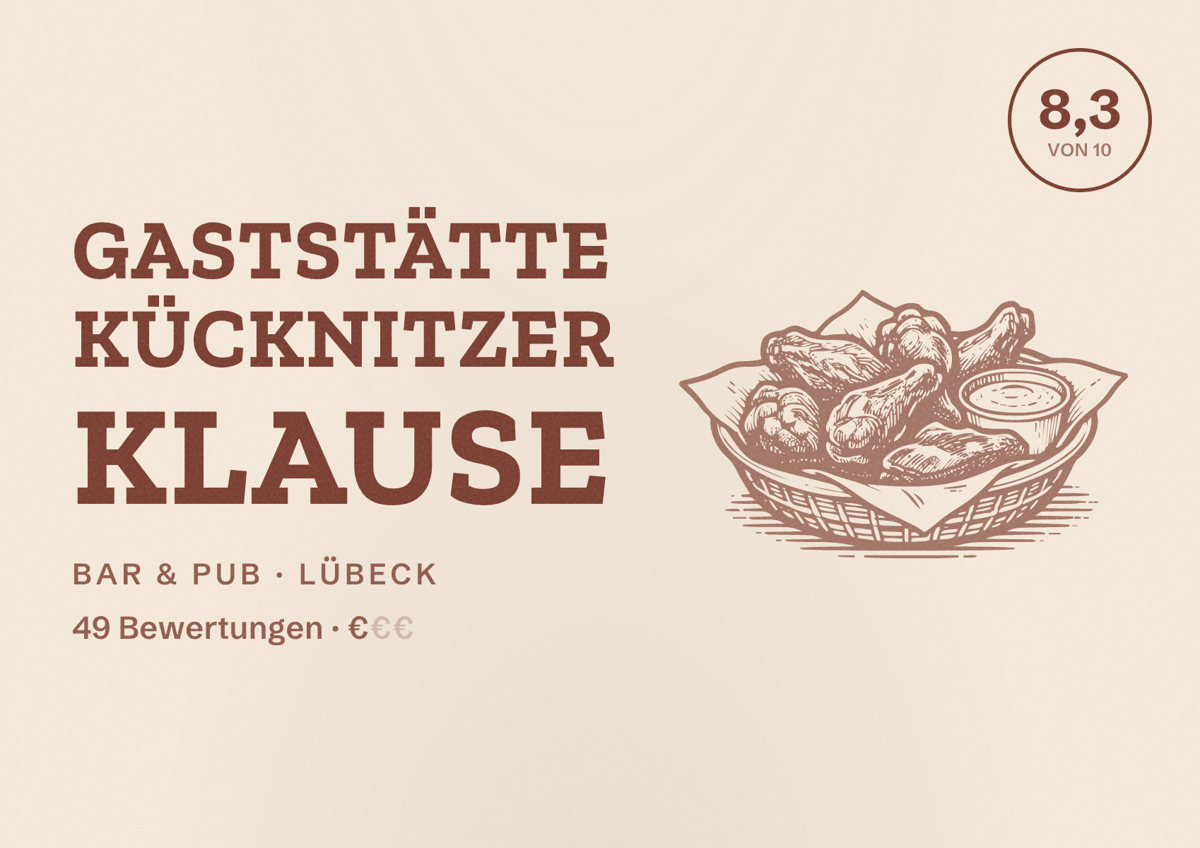 Illustriertes Poster von Gaststätte Kücknitzer Klause, Bar & Pub in Lübeck: Bewertung 8,3 von 10 aus 49 Bewertungen, Preisniveau €
