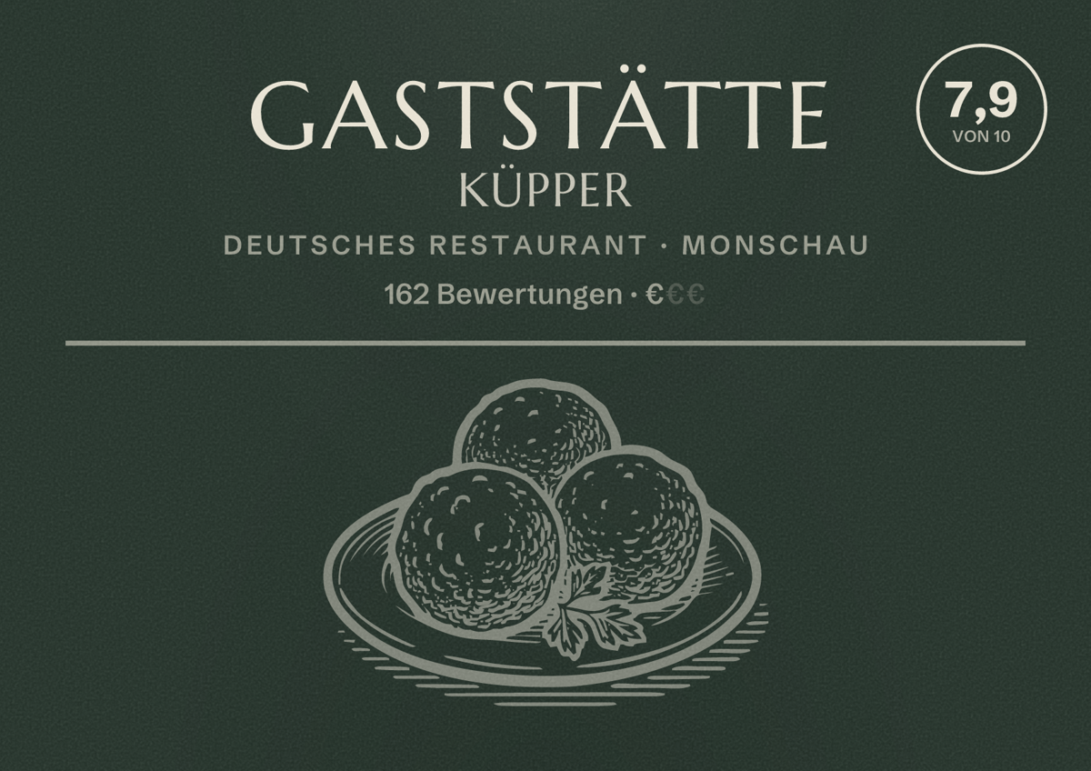 Illustriertes Poster von Gaststätte Küpper, Deutsches Restaurant in Monschau: Bewertung 7,9 von 10 aus 162 Bewertungen, Preisniveau €
