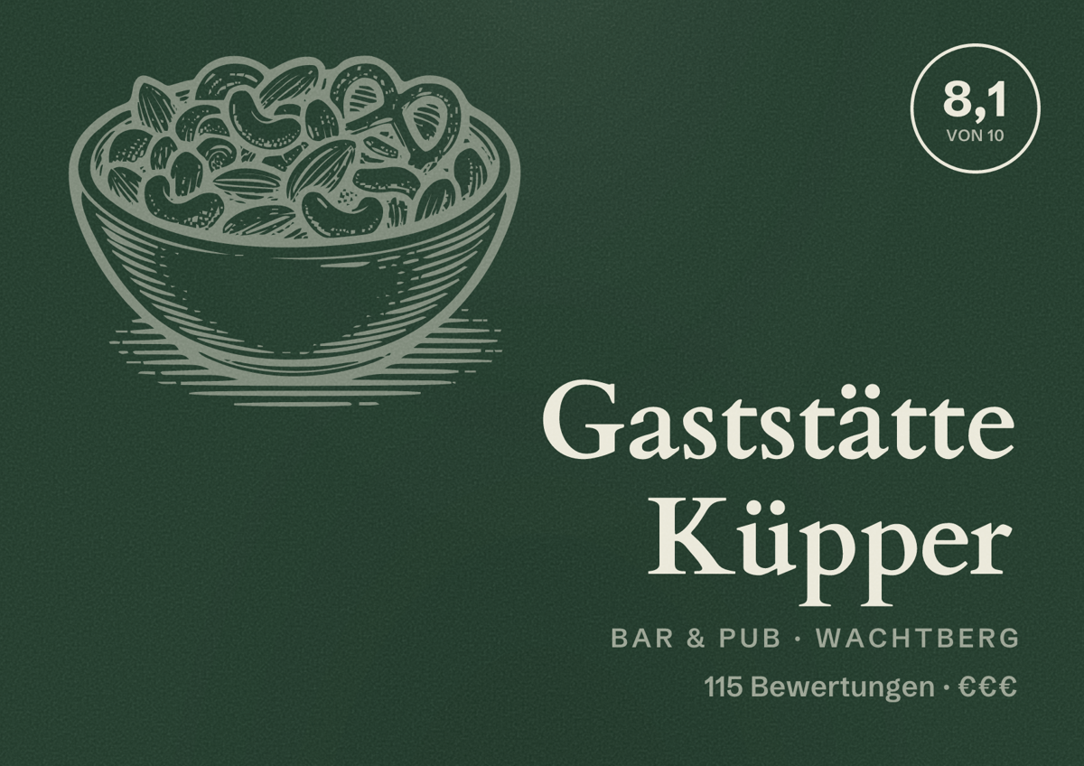 Illustriertes Poster von Gaststätte Küpper, Bar & Pub in Wachtberg: Bewertung 8,1 von 10 aus 115 Bewertungen, Preisniveau €€€