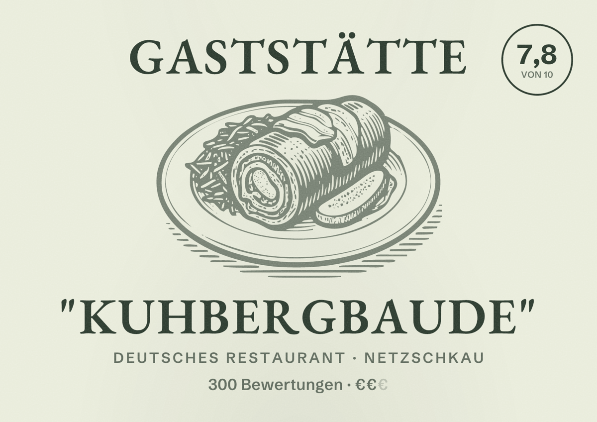 Illustriertes Poster von Gaststätte "Kuhbergbaude", Deutsches Restaurant in Netzschkau: Bewertung 7,8 von 10 aus 300 Bewertungen, Preisniveau €€