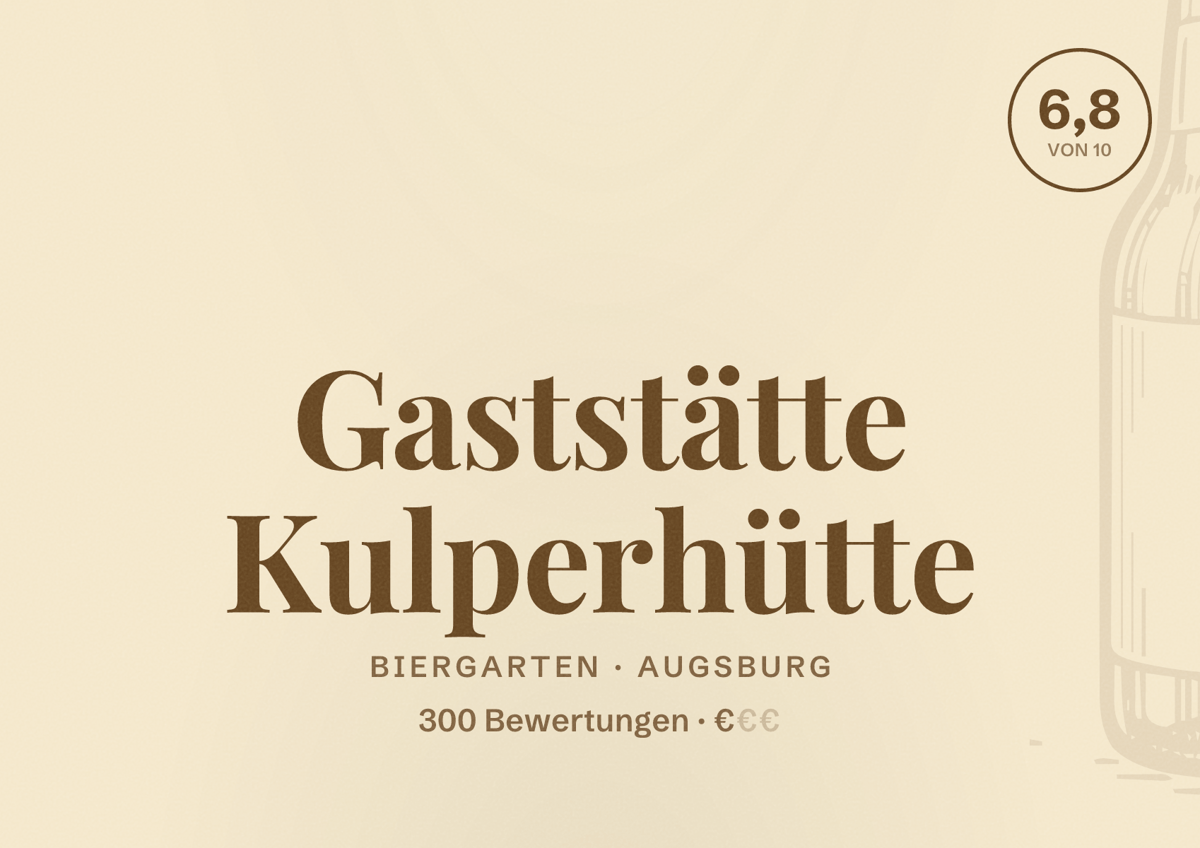 Illustriertes Poster von Gaststätte Kulperhütte, Biergarten in Augsburg: Bewertung 6,8 von 10 aus 300 Bewertungen, Preisniveau €