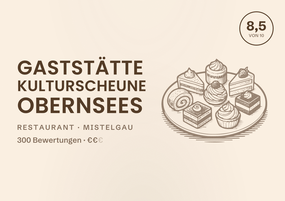 Illustriertes Poster von Gaststätte Kulturscheune Obernsees, Restaurant in Mistelgau: Bewertung 8,5 von 10 aus 300 Bewertungen, Preisniveau €€