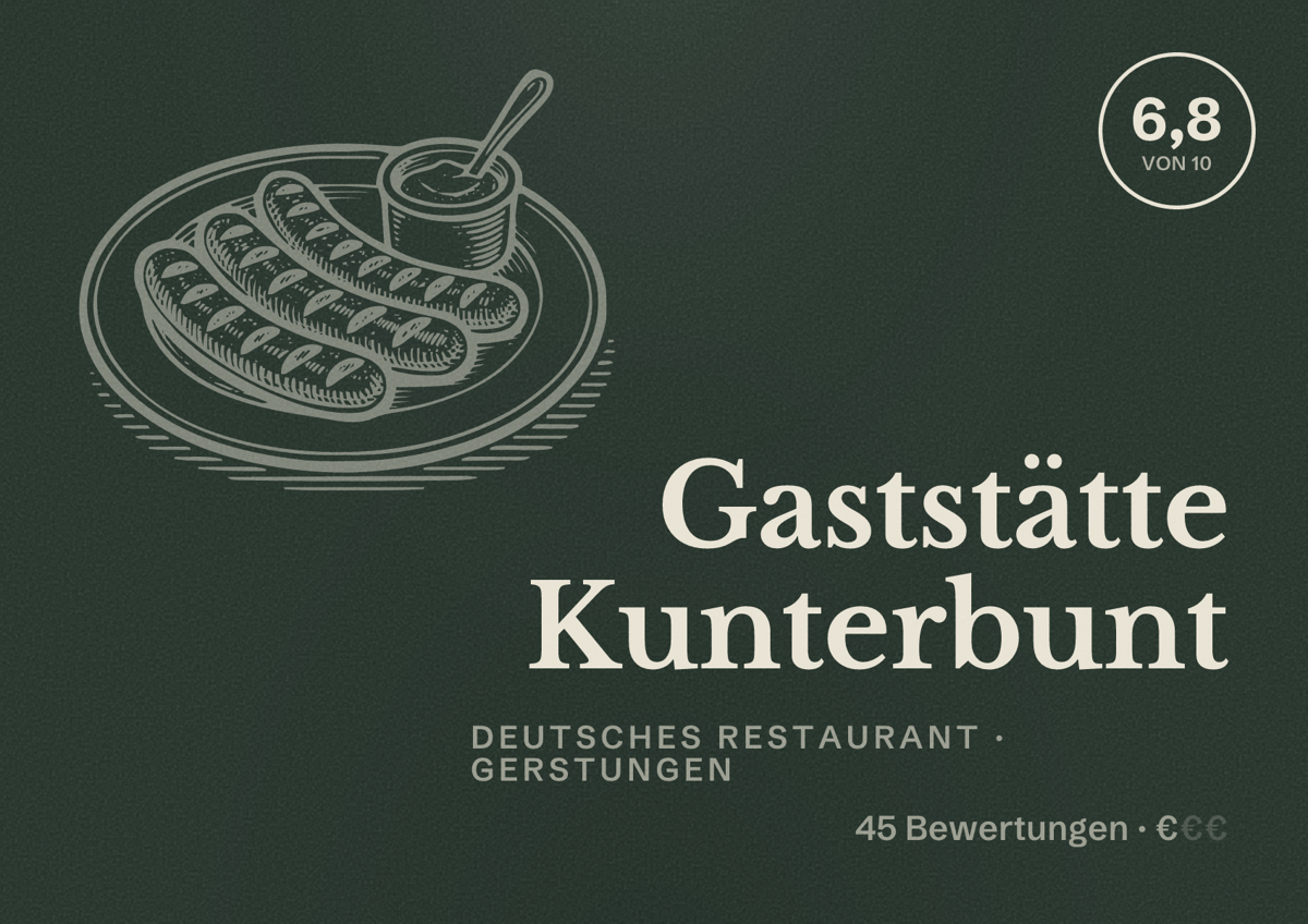 Illustriertes Poster von Gaststätte Kunterbunt, Deutsches Restaurant in Gerstungen: Bewertung 6,8 von 10 aus 45 Bewertungen, Preisniveau €