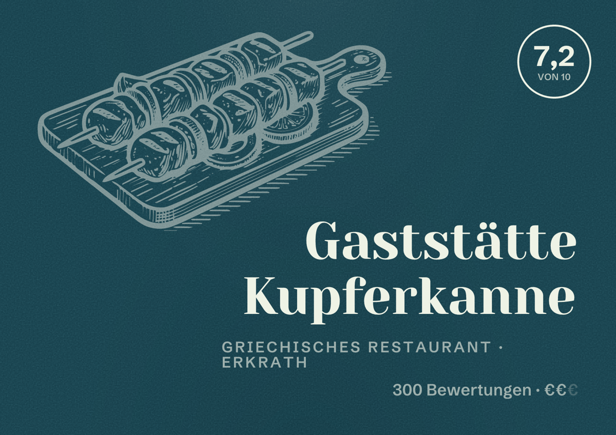 Illustriertes Poster von Gaststätte Kupferkanne, Griechisches Restaurant in Erkrath: Bewertung 7,2 von 10 aus 300 Bewertungen, Preisniveau €€
