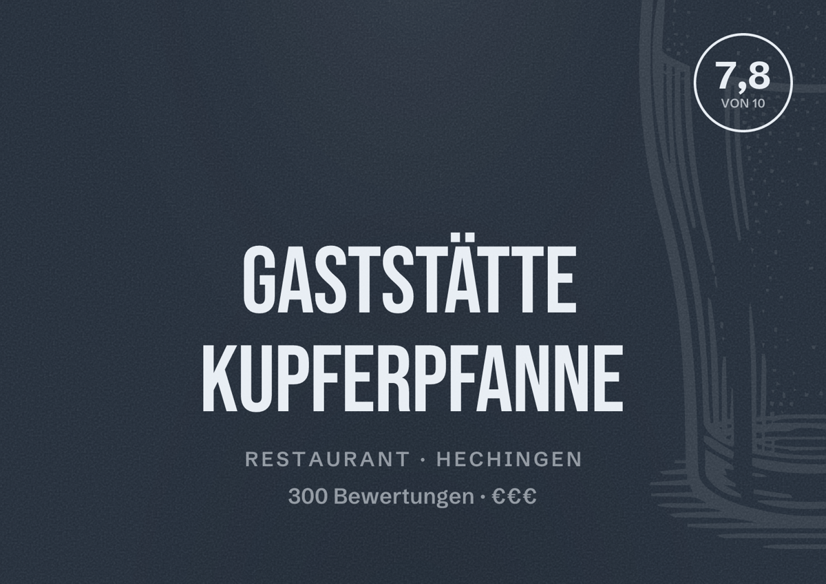 Illustriertes Poster von Gaststätte Kupferpfanne, Restaurant in Hechingen: Bewertung 7,8 von 10 aus 300 Bewertungen, Preisniveau €€€