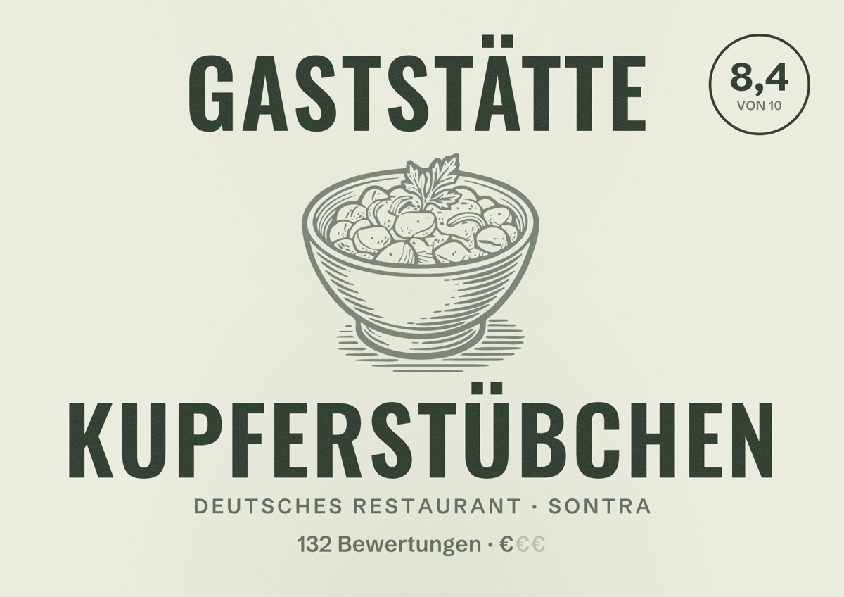 Illustriertes Poster von Gaststätte Kupferstübchen, Deutsches Restaurant in Sontra: Bewertung 8,4 von 10 aus 132 Bewertungen, Preisniveau €