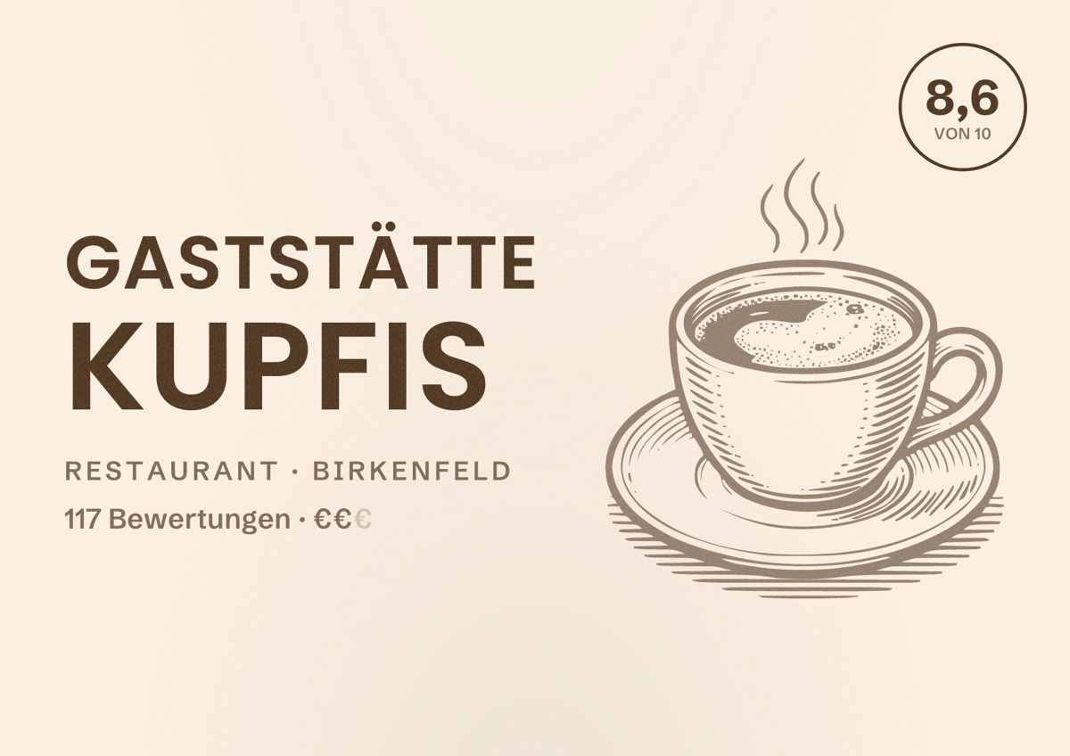 Illustriertes Poster von Gaststätte Kupfis, Restaurant in Birkenfeld: Bewertung 8,6 von 10 aus 117 Bewertungen, Preisniveau €€