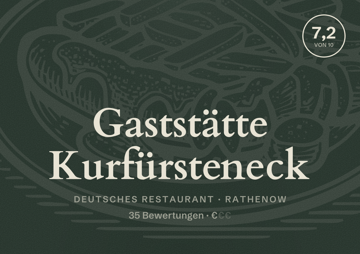 Illustriertes Poster von Gaststätte Kurfürsteneck, Deutsches Restaurant in Rathenow: Bewertung 7,2 von 10 aus 35 Bewertungen, Preisniveau €