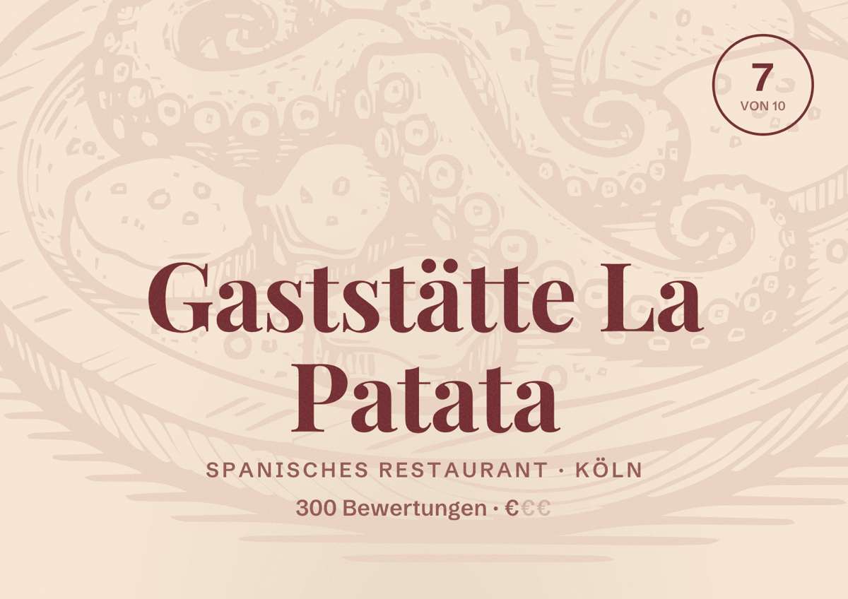 Illustriertes Poster von Gaststätte La Patata, Spanisches Restaurant in Köln: Bewertung 7,0 von 10 aus 300 Bewertungen, Preisniveau €
