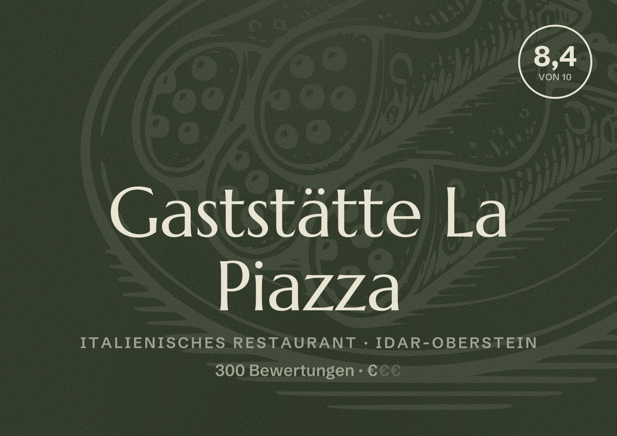 Illustriertes Poster von Gaststätte La Piazza, Italienisches Restaurant in Idar-Oberstein: Bewertung 8,4 von 10 aus 300 Bewertungen, Preisniveau €